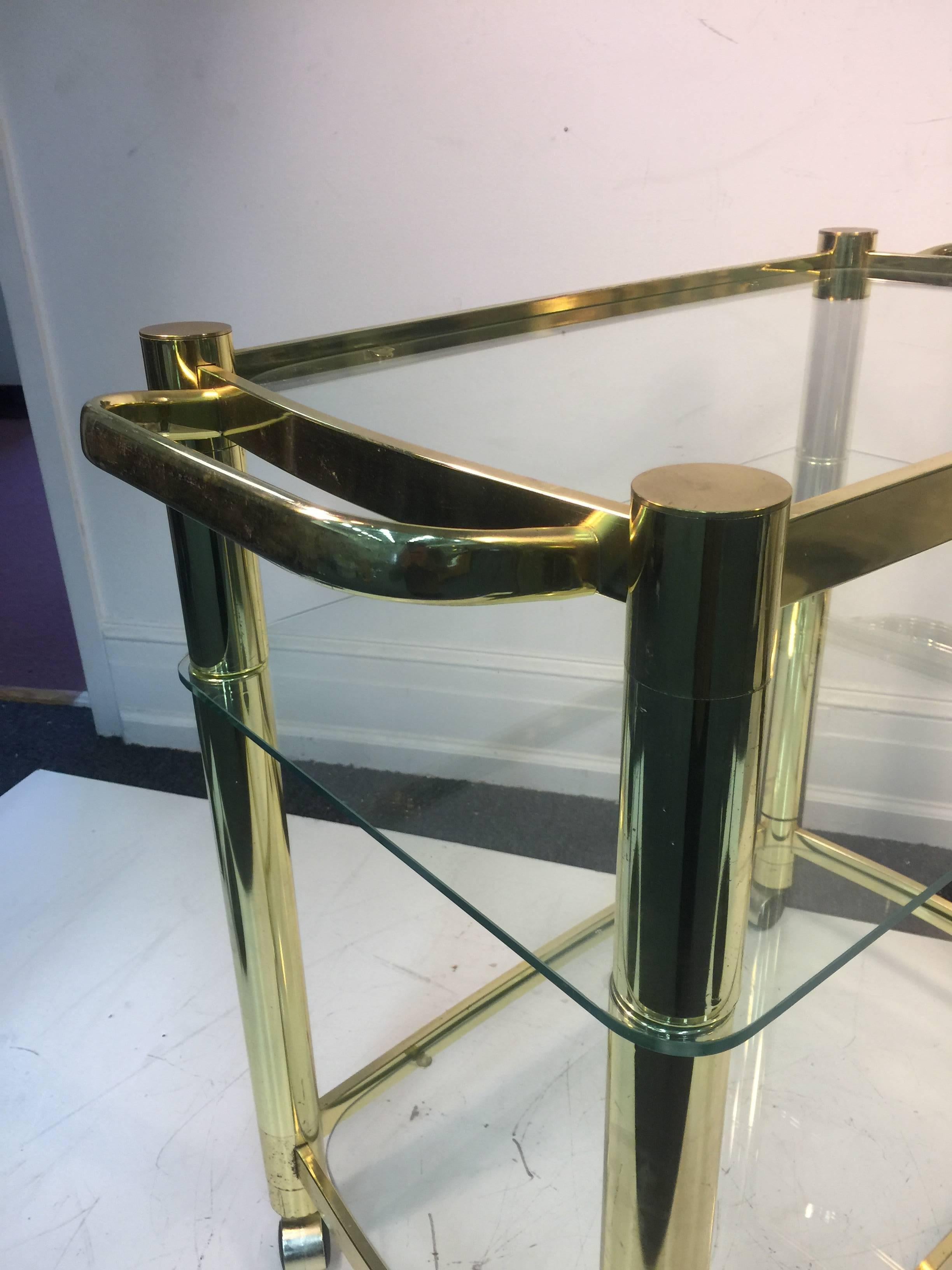 Terrific Three-Tier Brass Tea Cart in the Manner of Milo Baughman In Good Condition For Sale In Mount Penn, PA