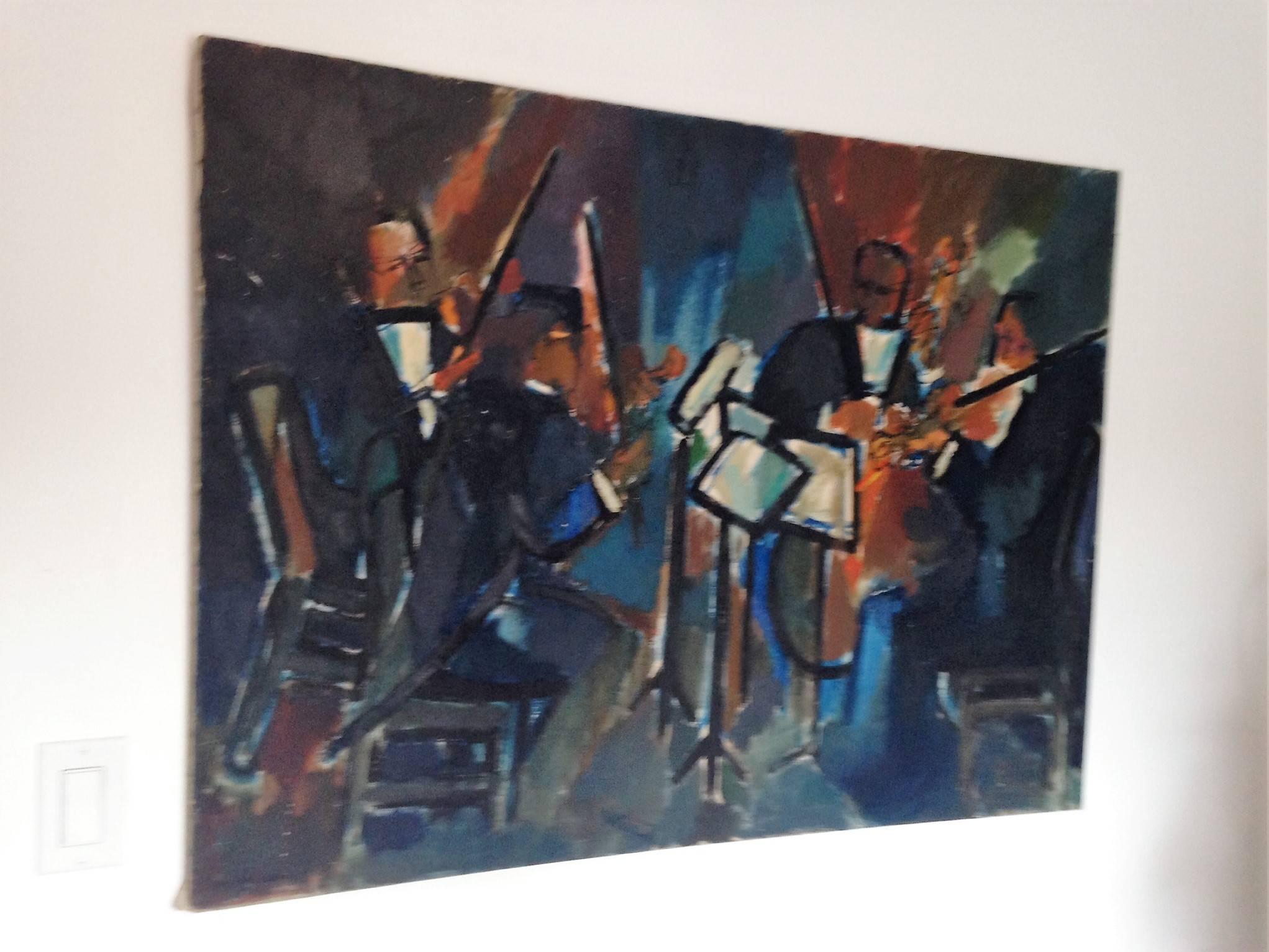 Nice muted tones of deep blue, white and black oil painting on canvas of jazz musicians signed Meyer Tannenbaum and dated 1956. A nice representative scene of musicians with great brush strokes. Great for a wall in your living room gallery space.