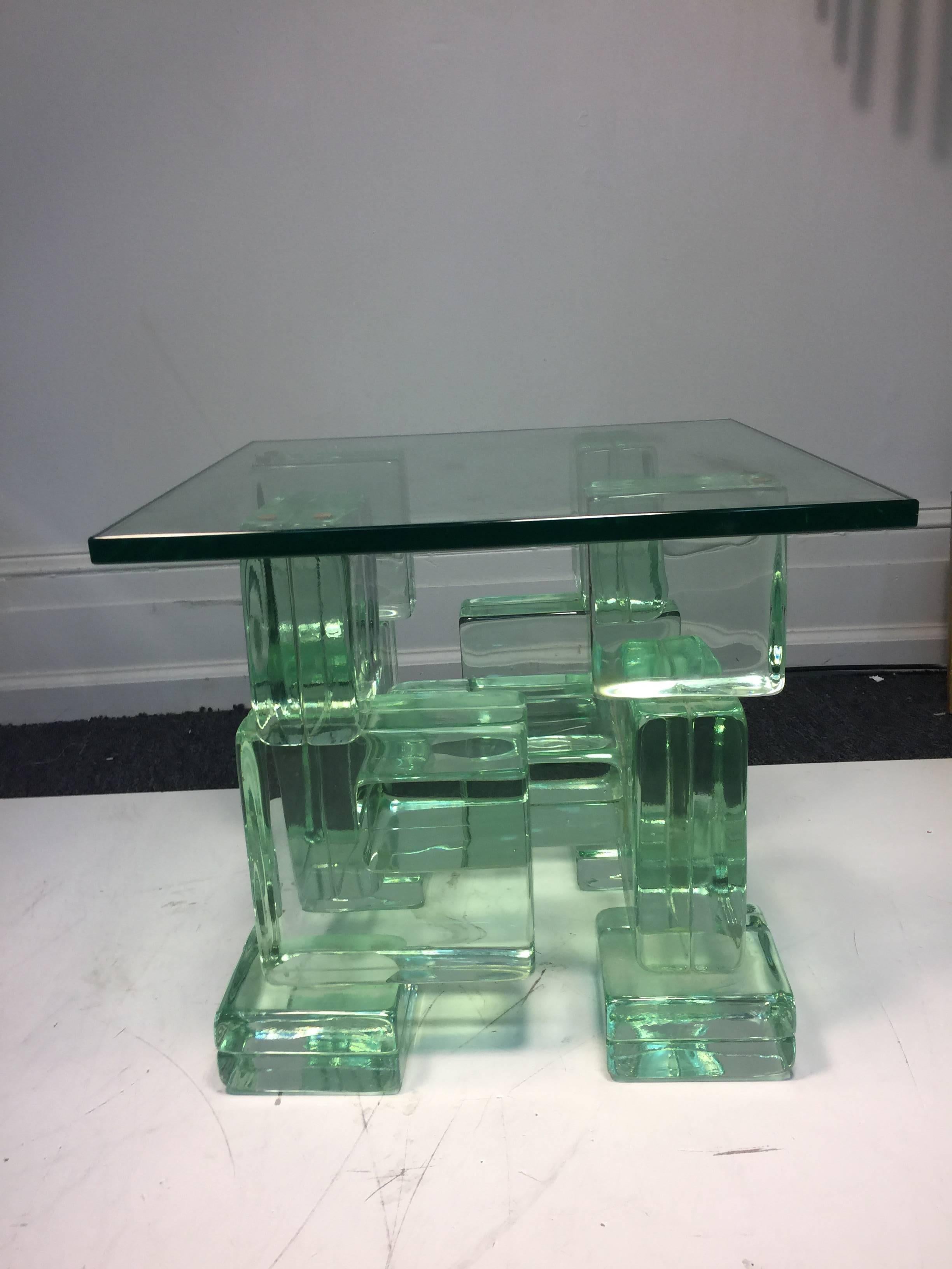 An incredible Italian, ice glass sculptural cube side or center table, circa 1970. 
