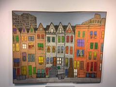 Modern Cityscape Painting of Homes and Buildings in the Manner of James Rizzi