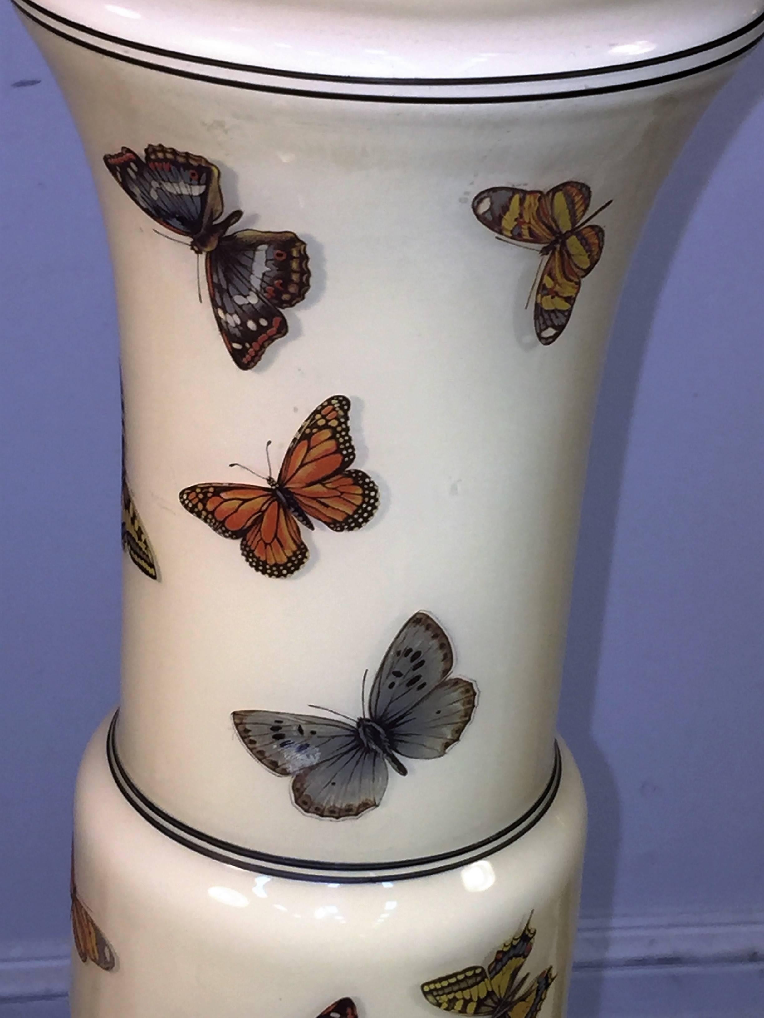 Marvelous Pair of Fornasetti Style Enameled Glass Butterfly Lamps In Excellent Condition For Sale In Mount Penn, PA