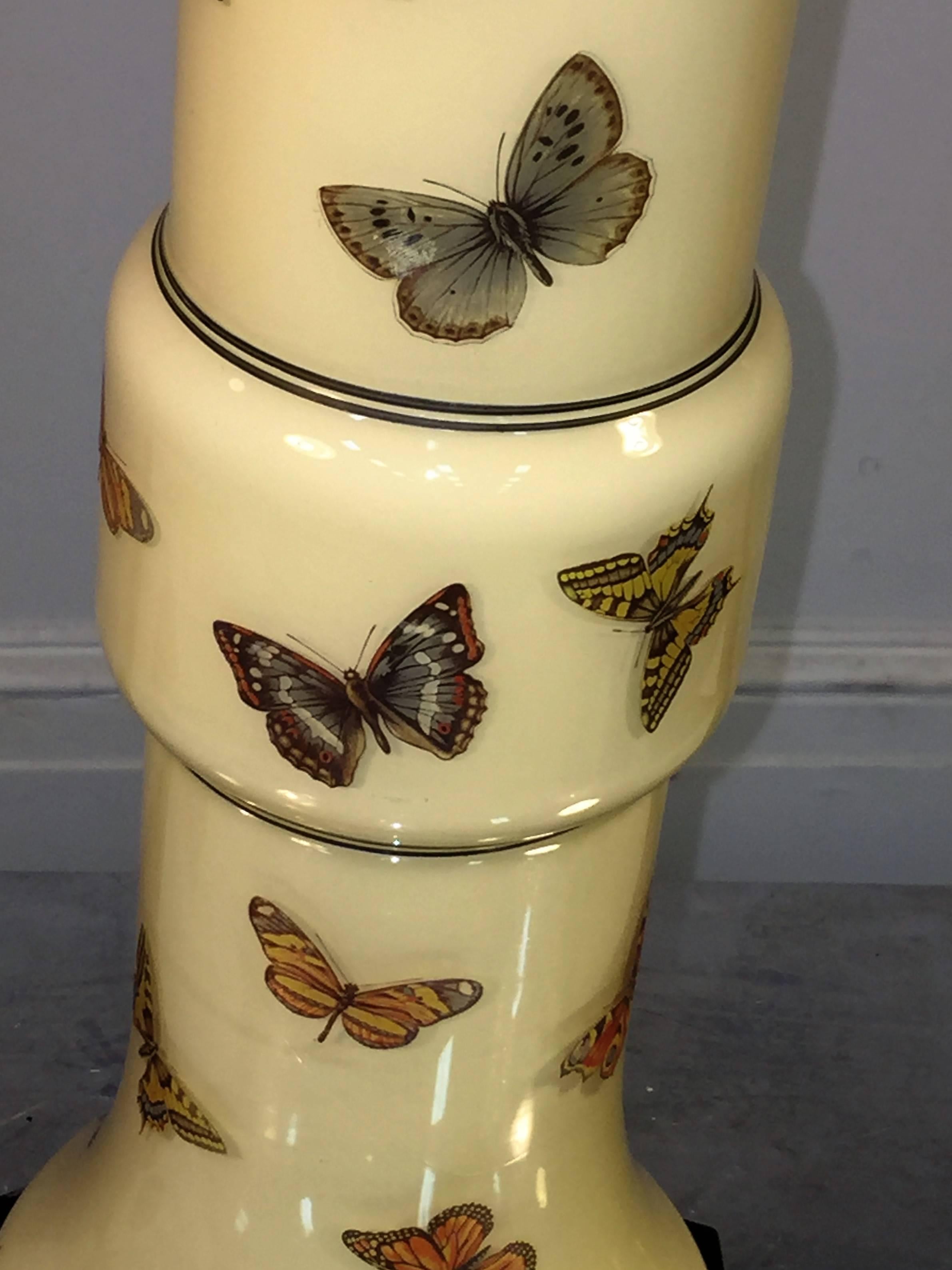 Mid-20th Century Marvelous Pair of Fornasetti Style Enameled Glass Butterfly Lamps For Sale