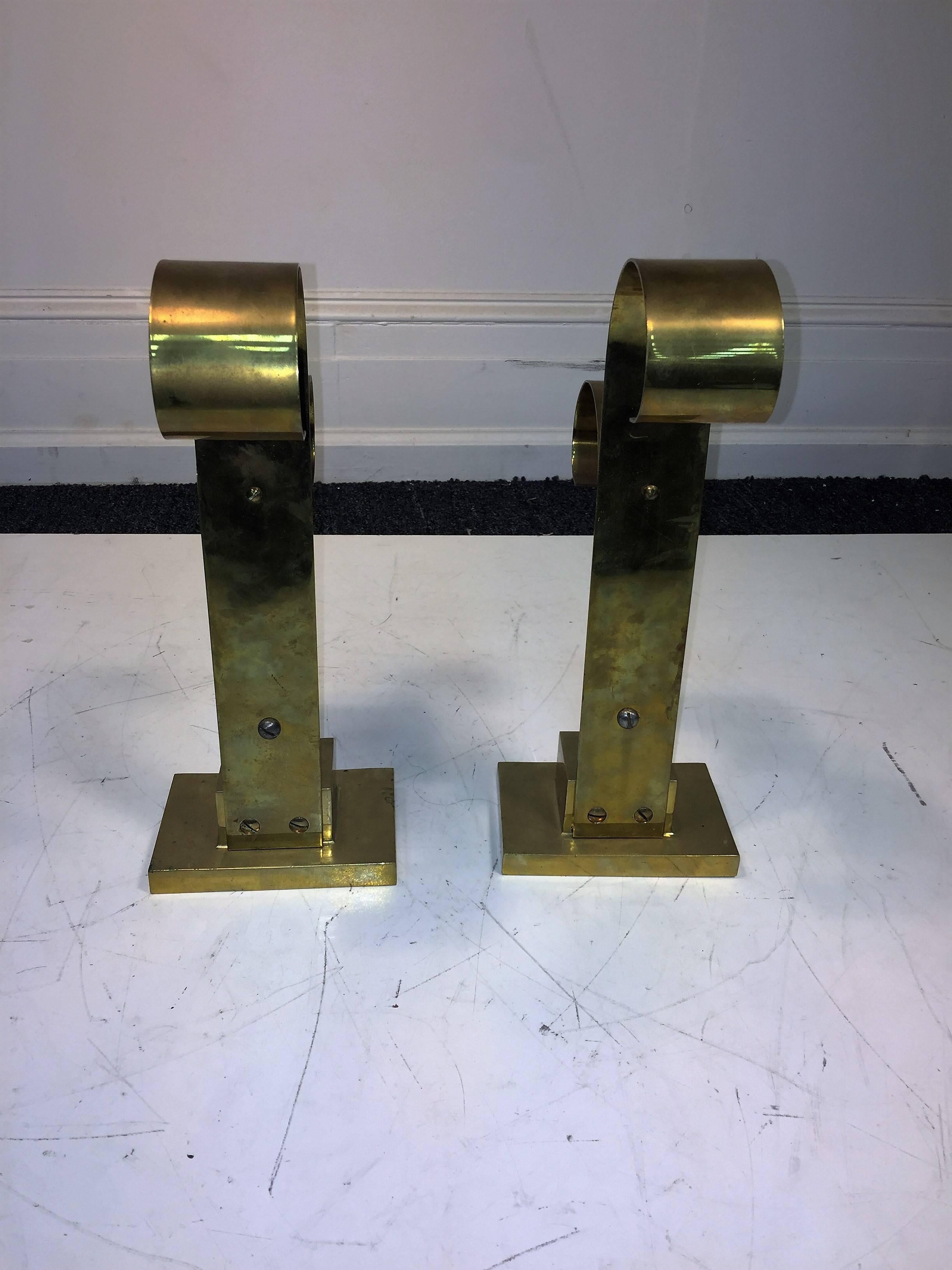 1)Pair of Art Deco scroll design polished brass andirons with three ball accents-16