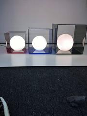 Great Pop Art Trio of Modernist Red, Blue and Grey Lucite Cube Lamps