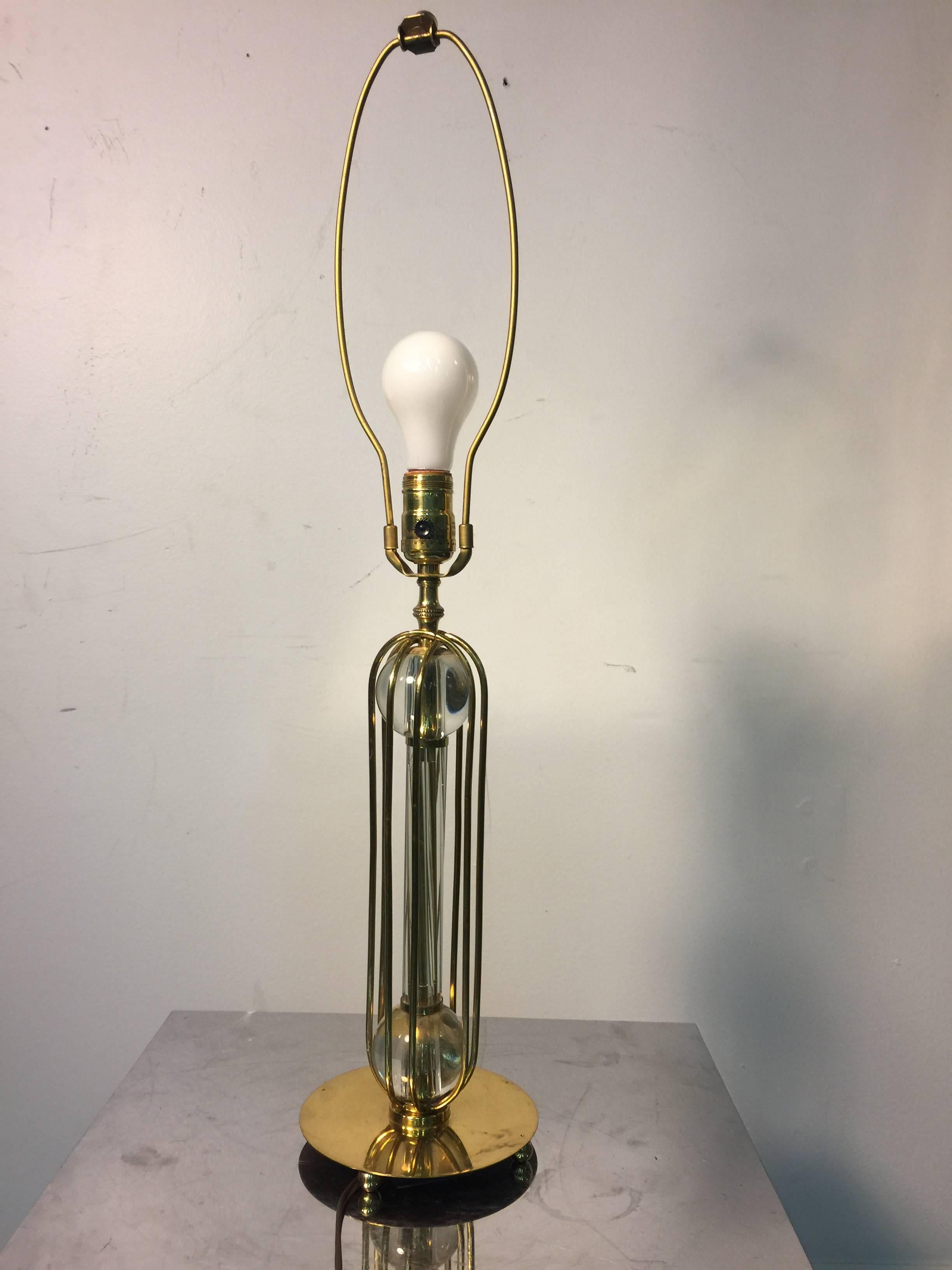 Beautiful Brass Table Lamp with Glass Ball and Cage Design In Good Condition For Sale In Mount Penn, PA