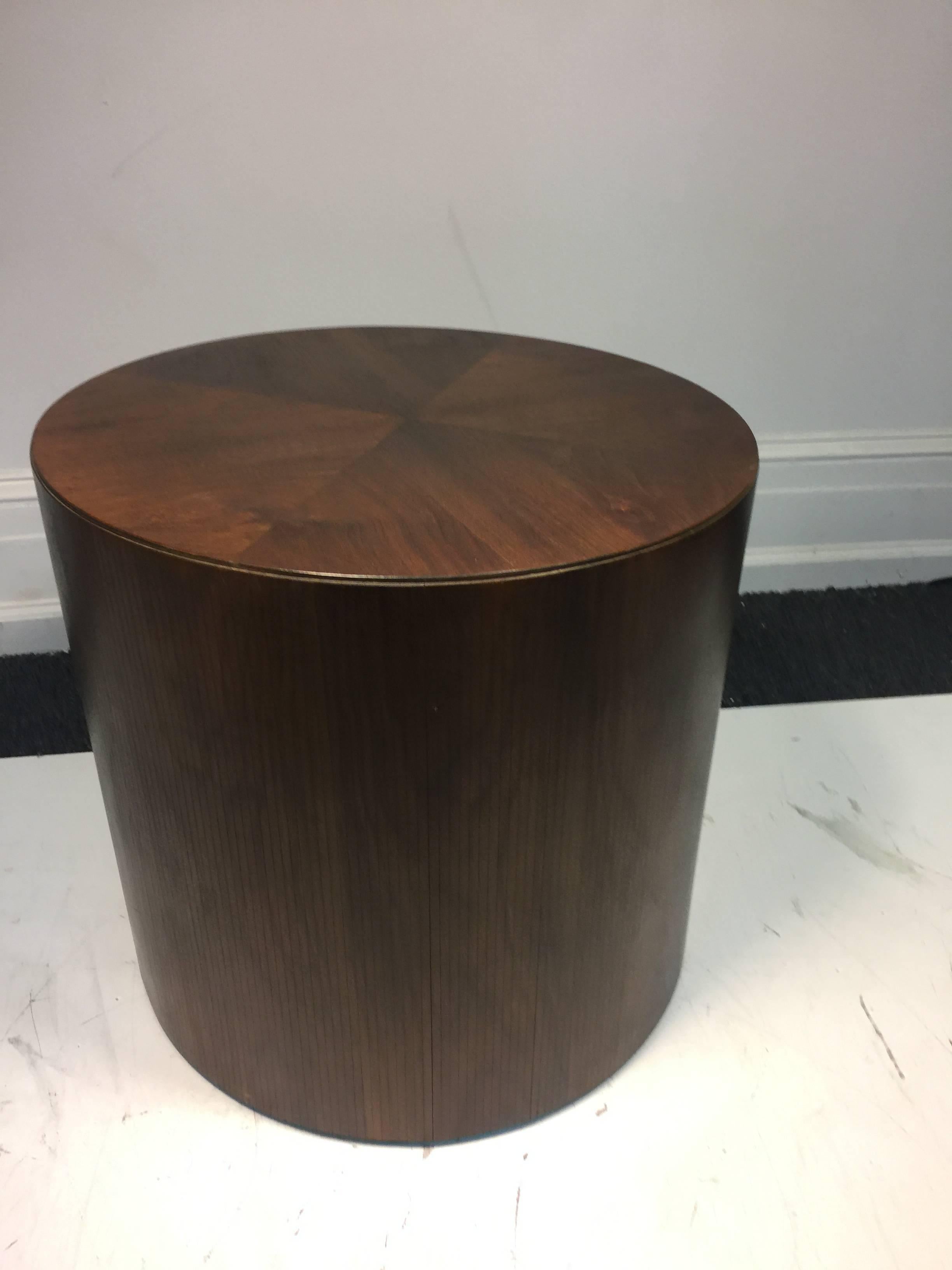 A substantial walnut drum table or pedestal by Lane, circa 1970. This versatile, cylindrical piece can be used as a side table or end table. Add glass and you have a coffee table. Good condition with age appropriate wear.