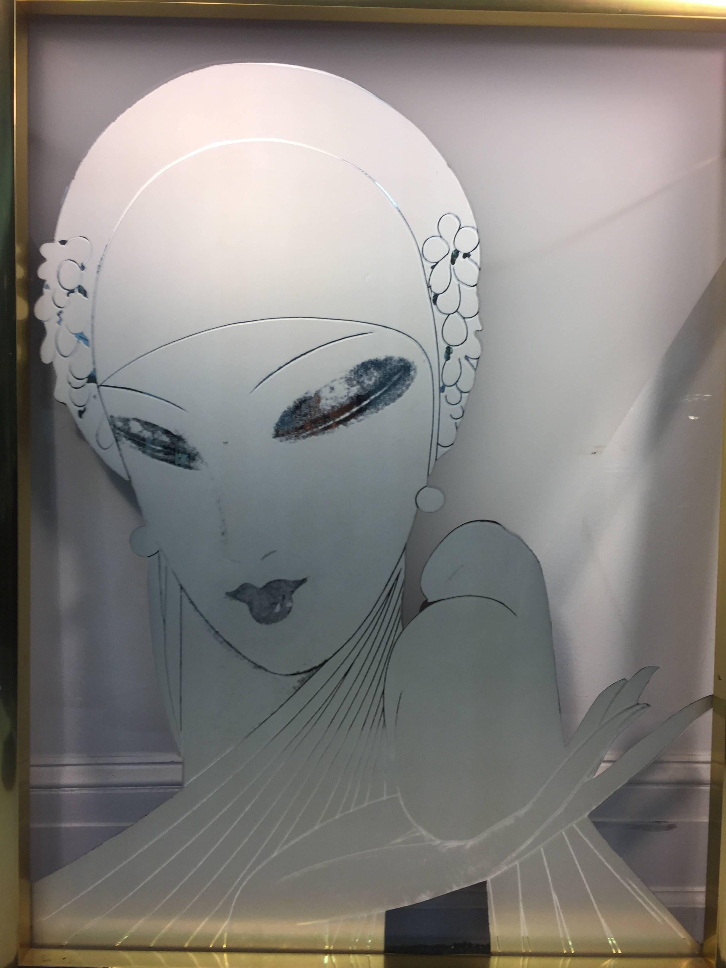 American Fabulous Art Deco Revival Painting on Glass of a Glamorous Flapper and Dove For Sale