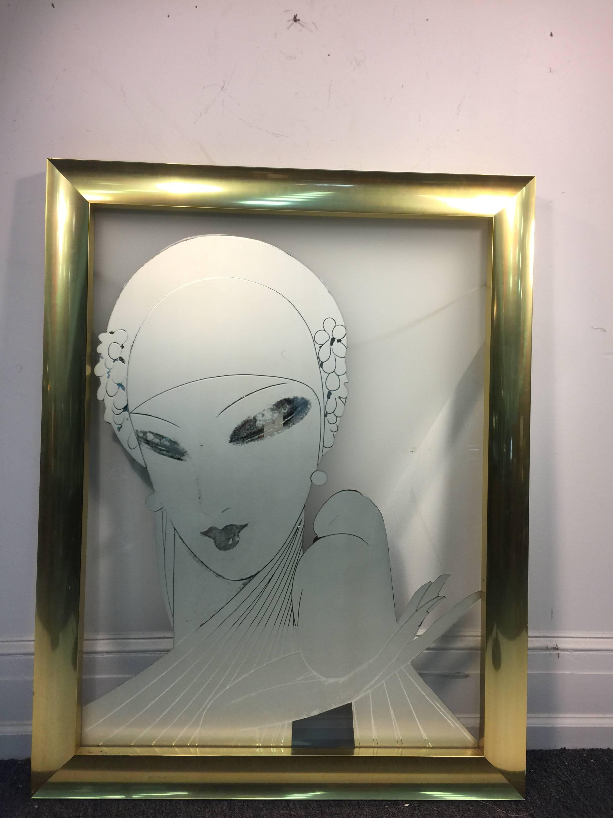 A fabulous Art Deco Revival painting on glass of a glamorous flapper holding an abstract dove, circa 1970. Good condition with age appropriate wear.