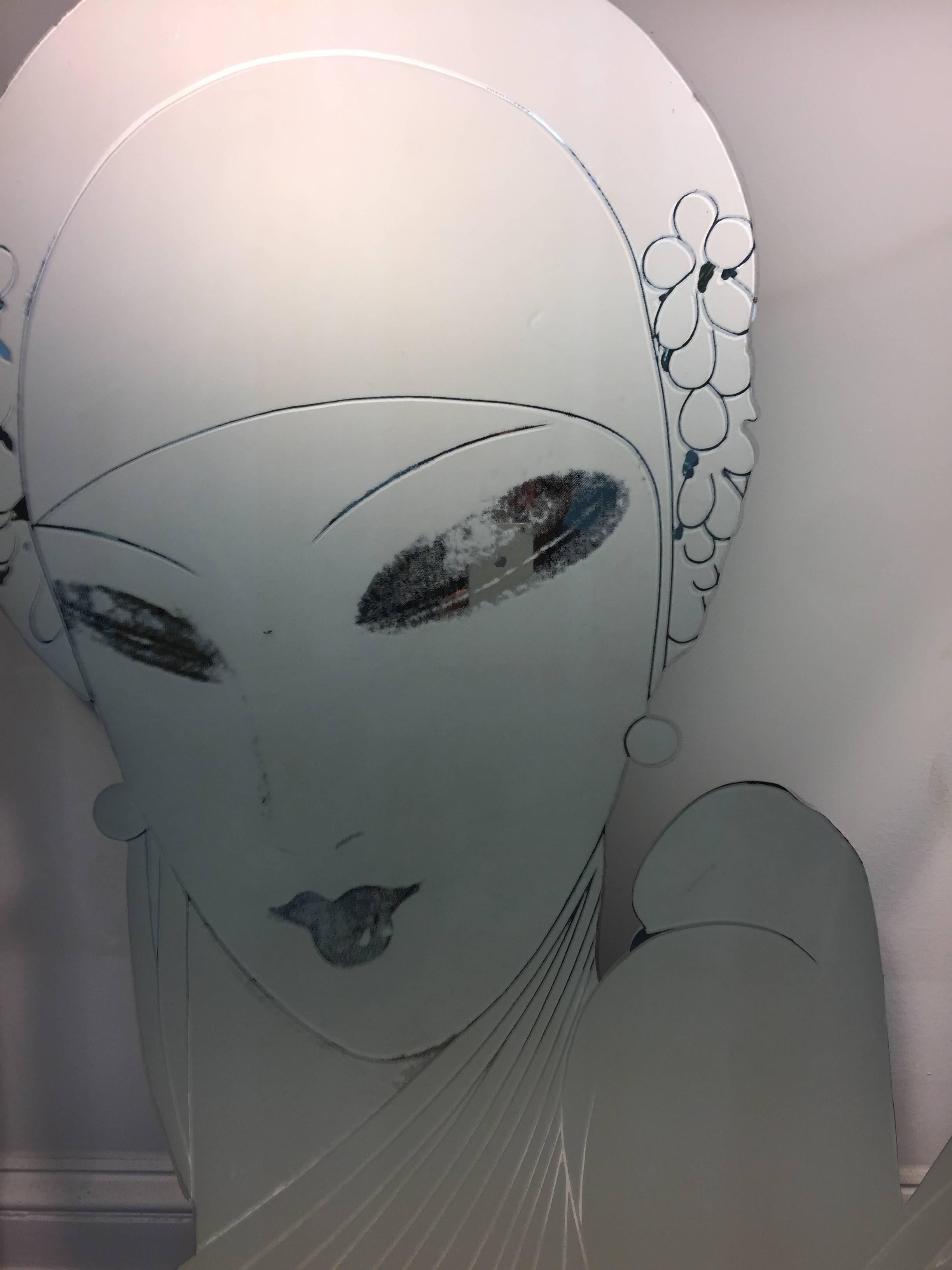 Fabulous Art Deco Revival Painting on Glass of a Glamorous Flapper and Dove For Sale 1