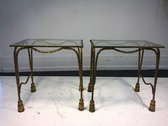 Stunning Pair of Italian Gilt Metal Jansen Style Rope & Tassel Motif Side Tables