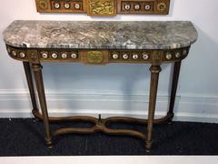 Stunning 1940s, Brass and Sevres Style Porcelain Plaque Mirror and Console