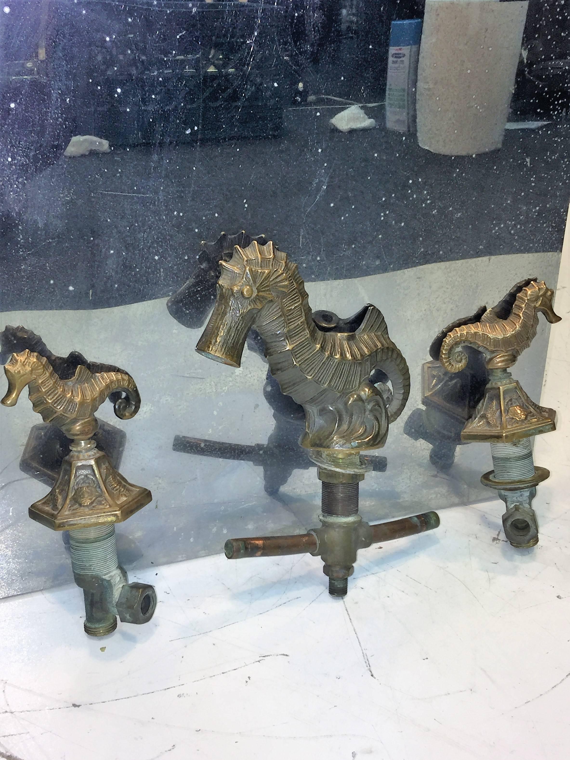 Mid-20th Century Unique Art Deco Solid Bronze Seahorse Sink Faucet Set For Sale