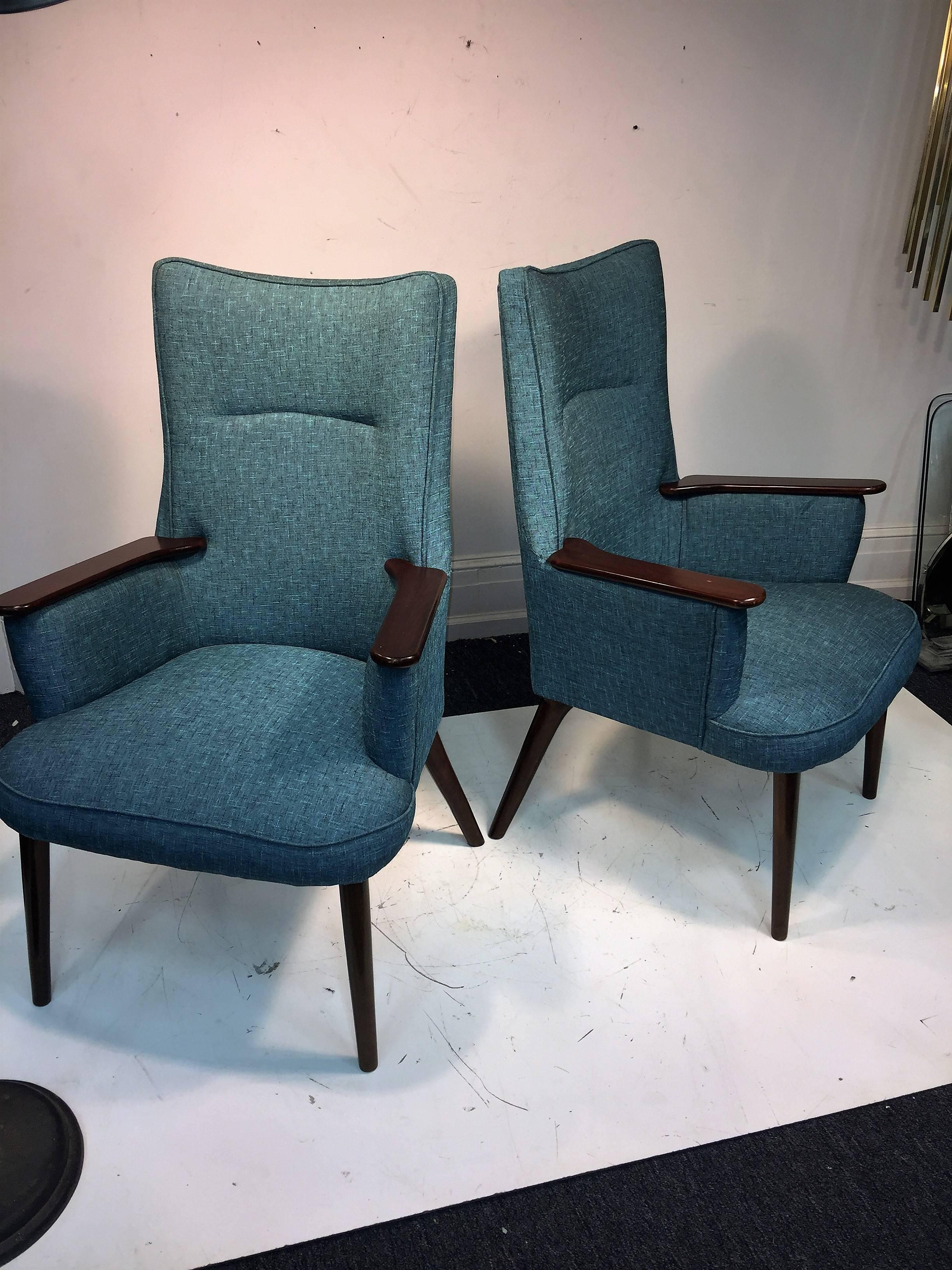 Nice original Mid-Century textured aqua blue or black threaded upholstered armchairs with great teak splayed legs and armrests. Cool curved backs and comfortable seats. Great for your living room.