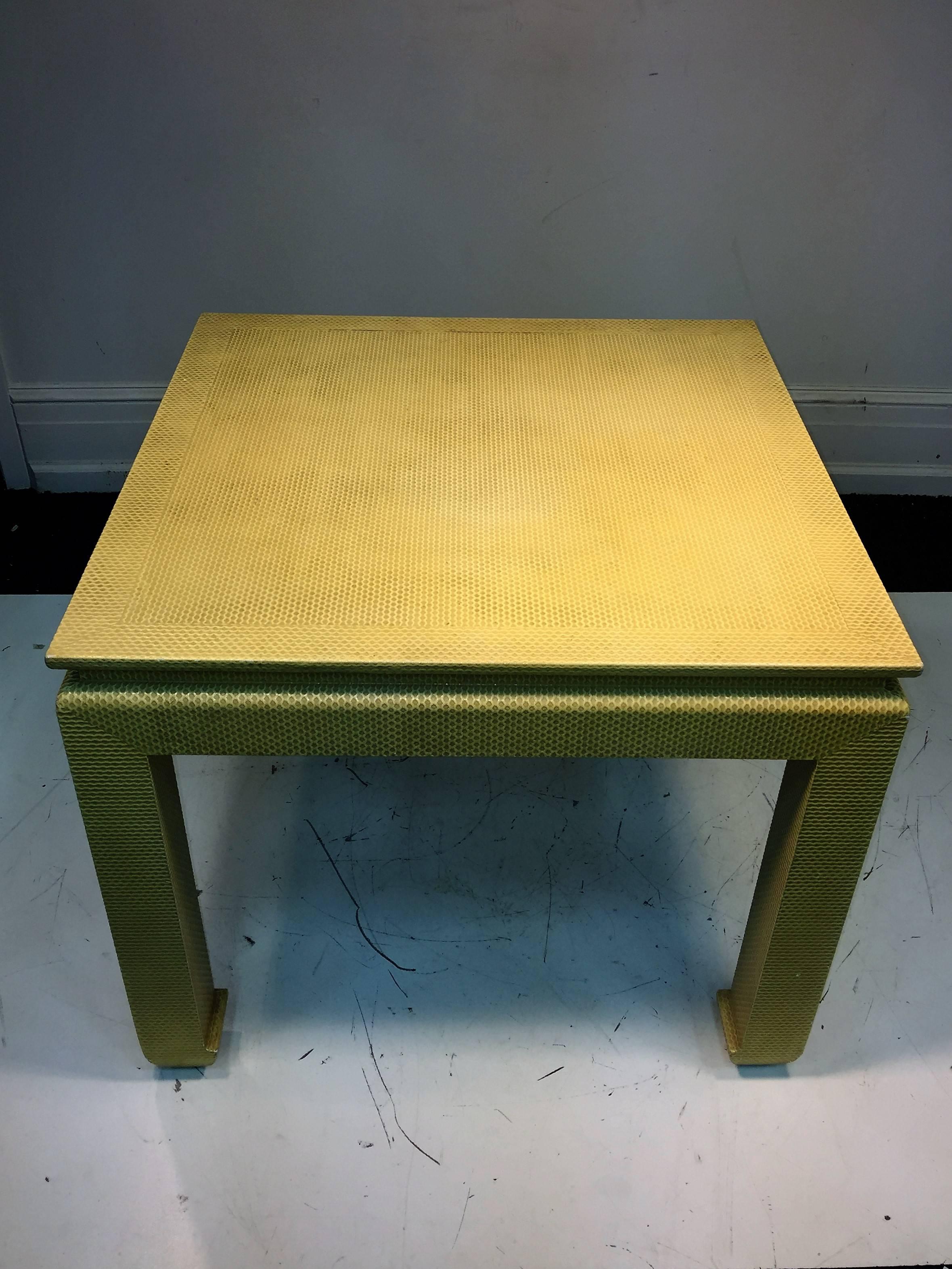 High style light mustard embossed design table with turned in Chinioserie style legs perfect for a Small Dining Area or to Play Cards on.