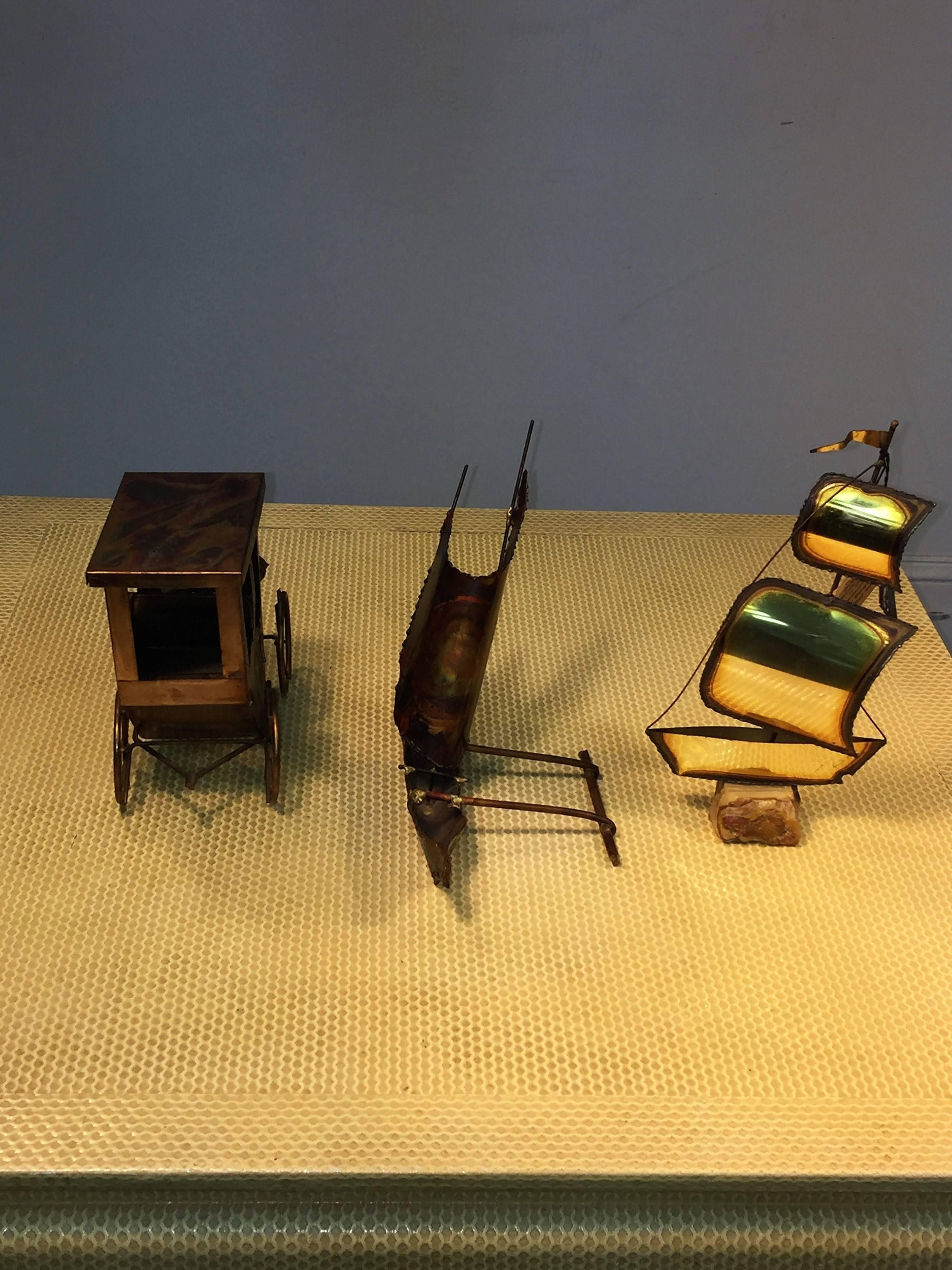 American Great Trio of Interesting, 1970s Brutalist Mixed Metal Sculptures For Sale
