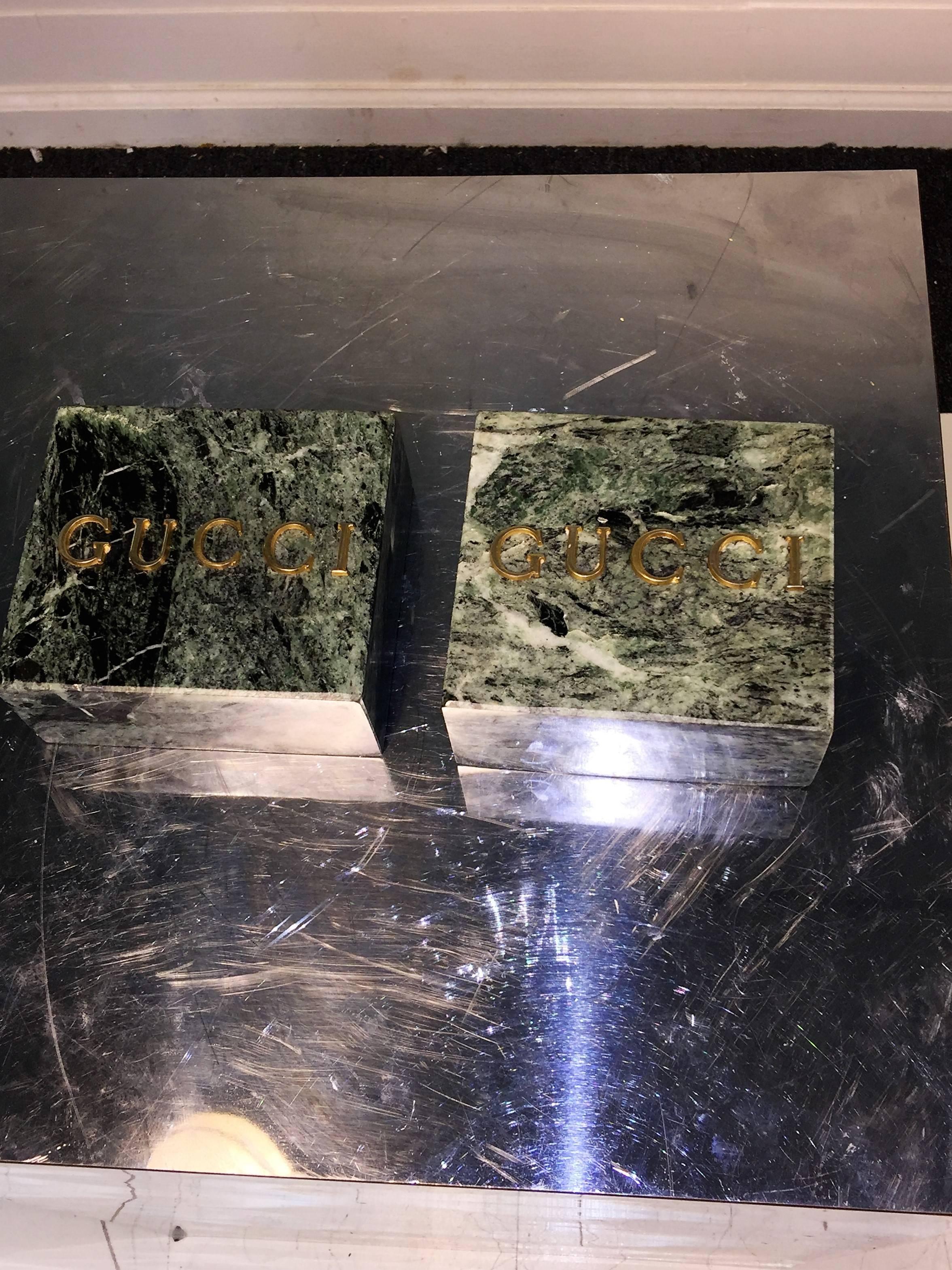 Pair of 1970s Green Marble Gucci Bookends In Excellent Condition For Sale In Mount Penn, PA