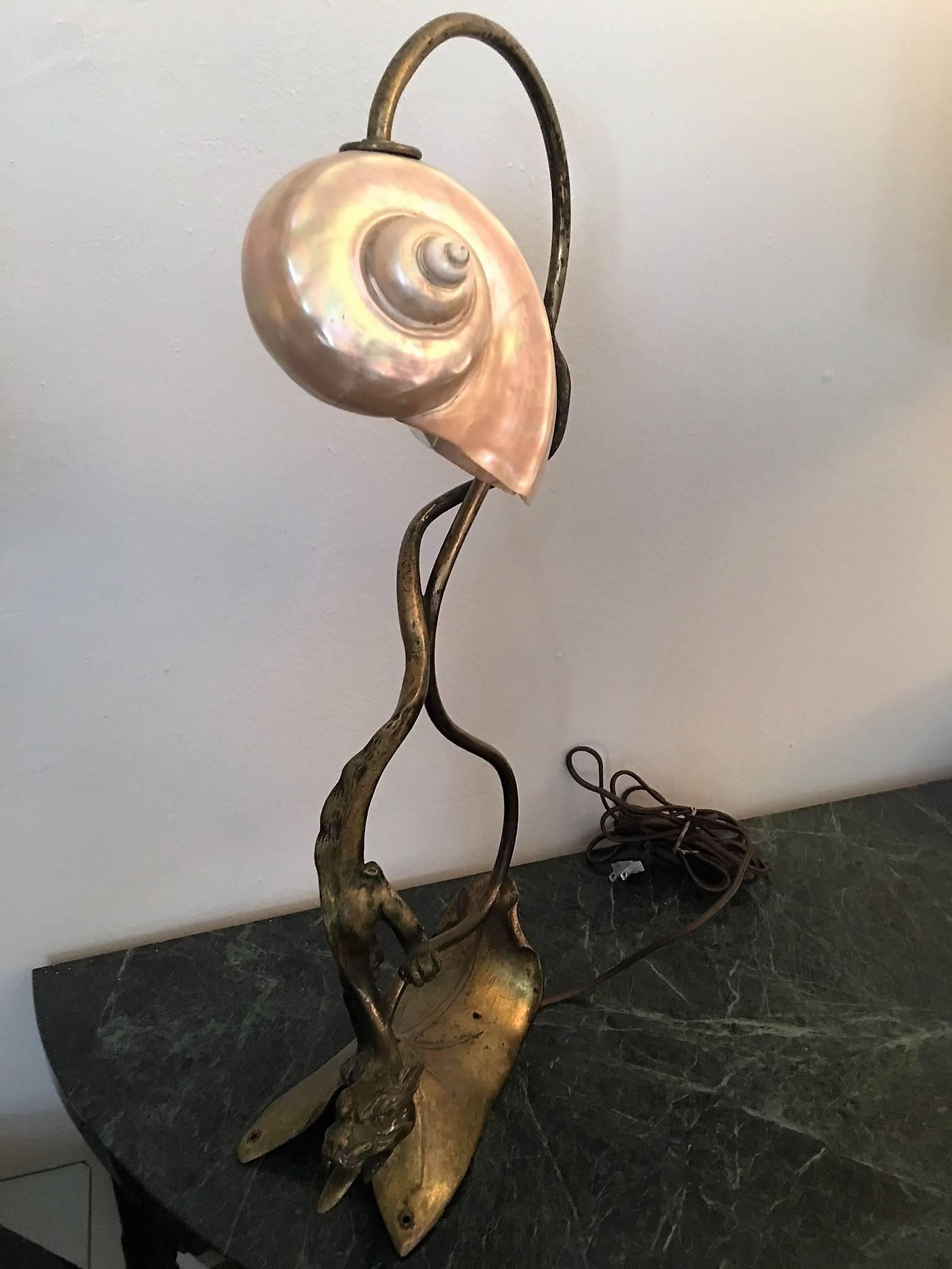 Austrian Mysterious Art Nouveau Bronze Dragonesque Panther Lamp with Nautilus Shell Shade For Sale