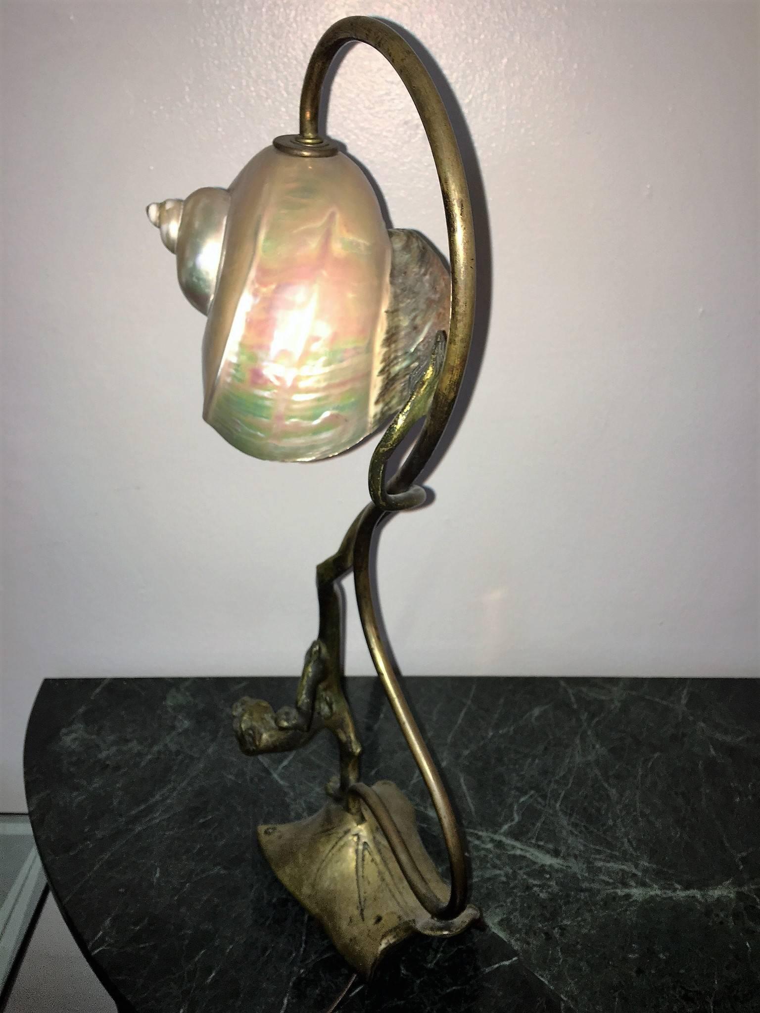Forged Mysterious Art Nouveau Bronze Dragonesque Panther Lamp with Nautilus Shell Shade For Sale