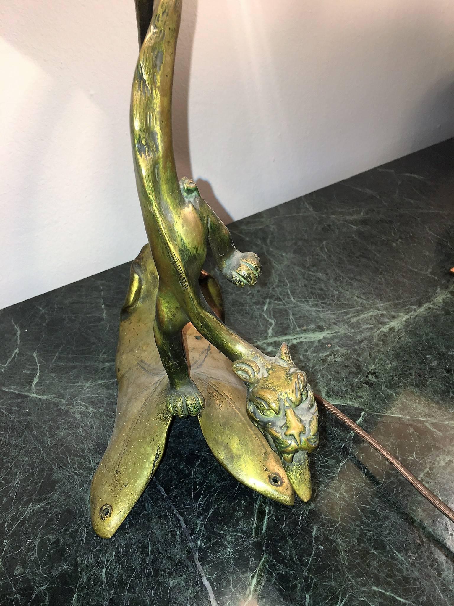 Mysterious Art Nouveau Bronze Dragonesque Panther Lamp with Nautilus Shell Shade In Excellent Condition For Sale In Mount Penn, PA