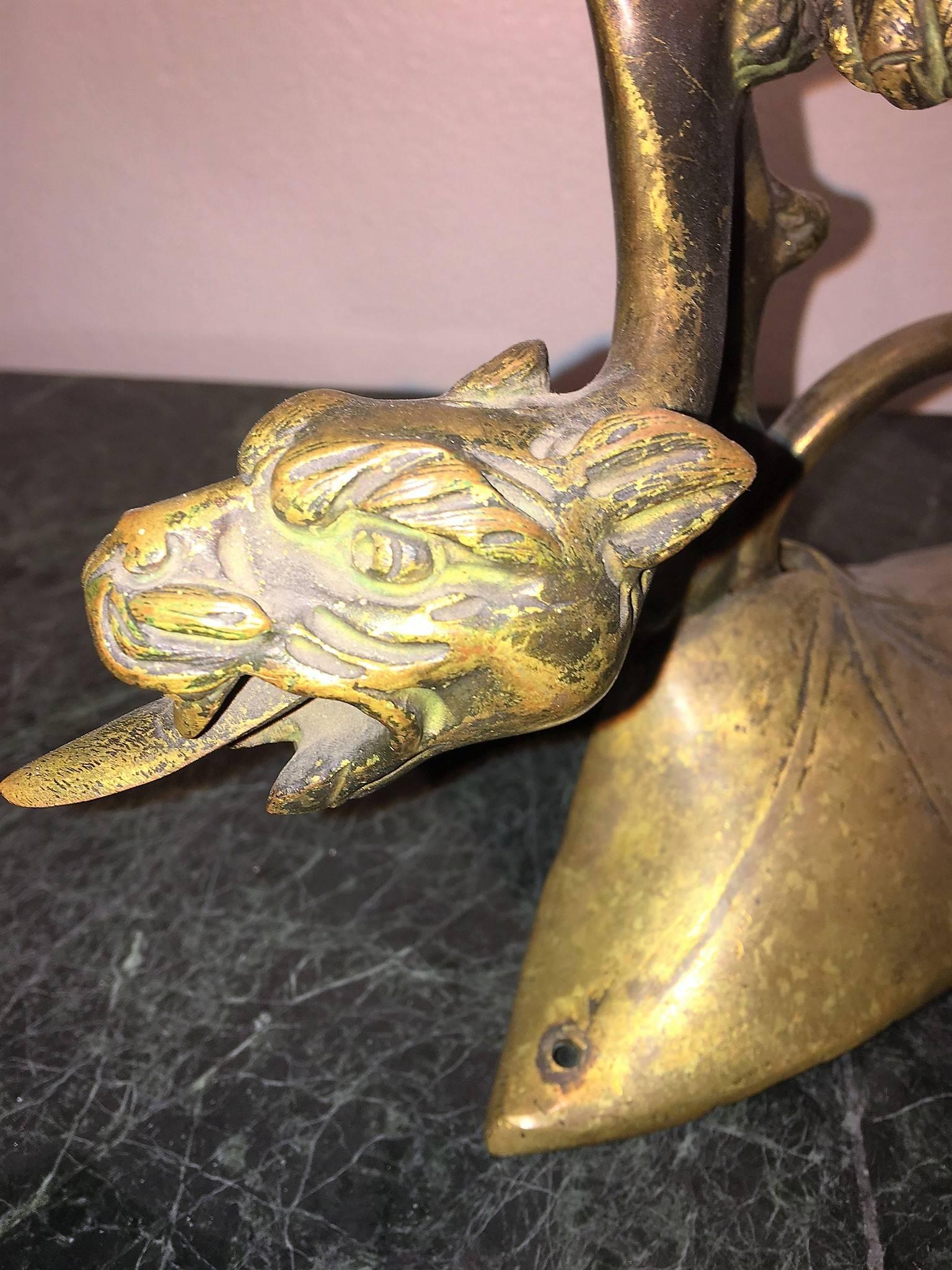 Early 20th Century Mysterious Art Nouveau Bronze Dragonesque Panther Lamp with Nautilus Shell Shade For Sale