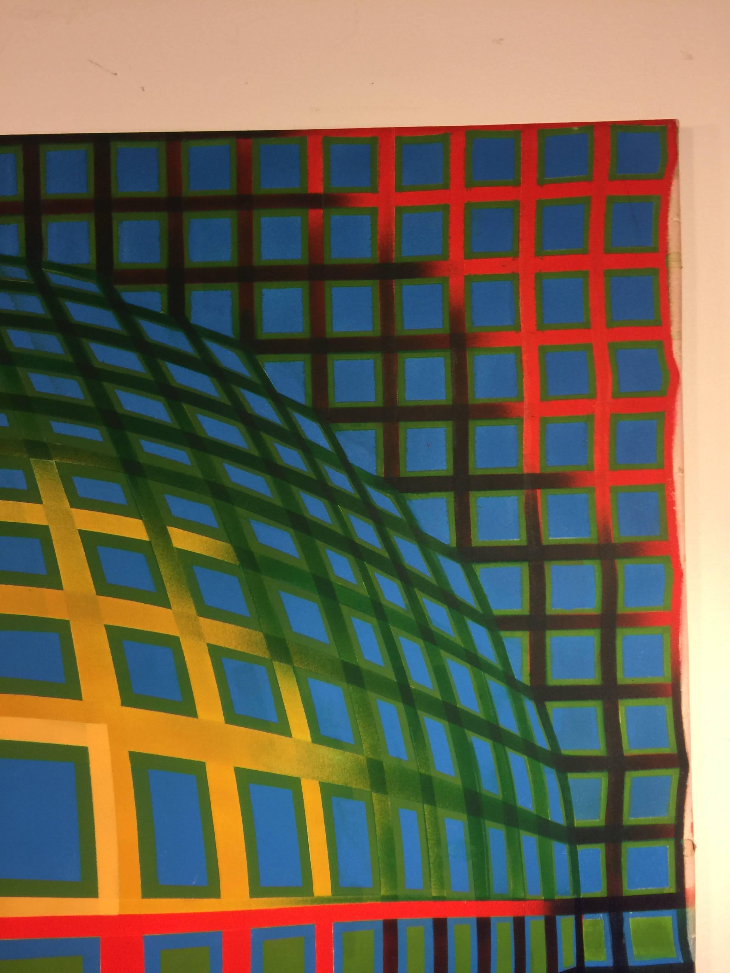 A fantastic, modernistic, Op art oil on canvas with bright colors in the manner of Victor Vasarely, circa 1970.