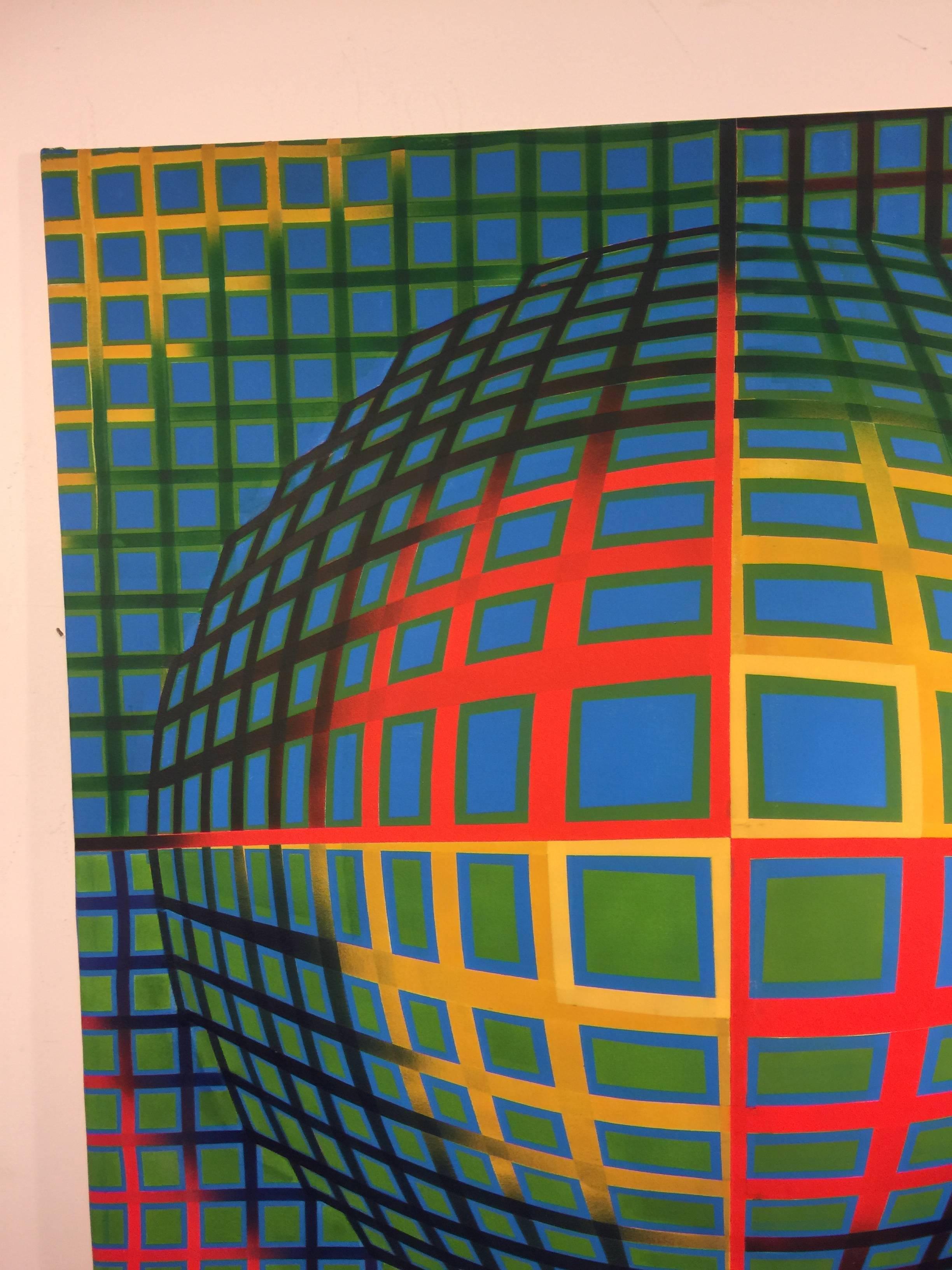 Fantastic Op Art Painting with Bright Colors in the Manner of Victor Vasarely In Good Condition For Sale In Mount Penn, PA