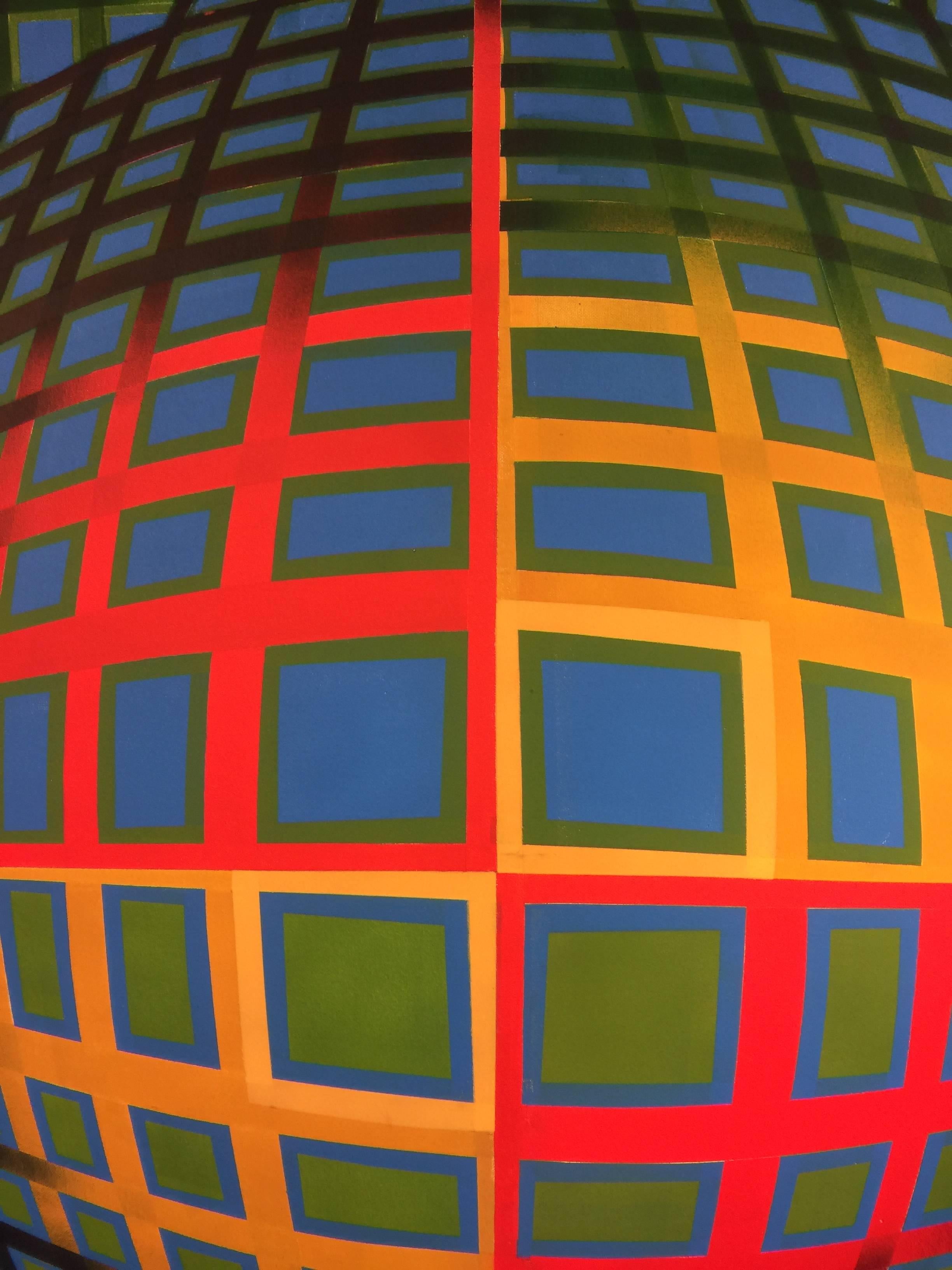 American Fantastic Op Art Painting with Bright Colors in the Manner of Victor Vasarely For Sale