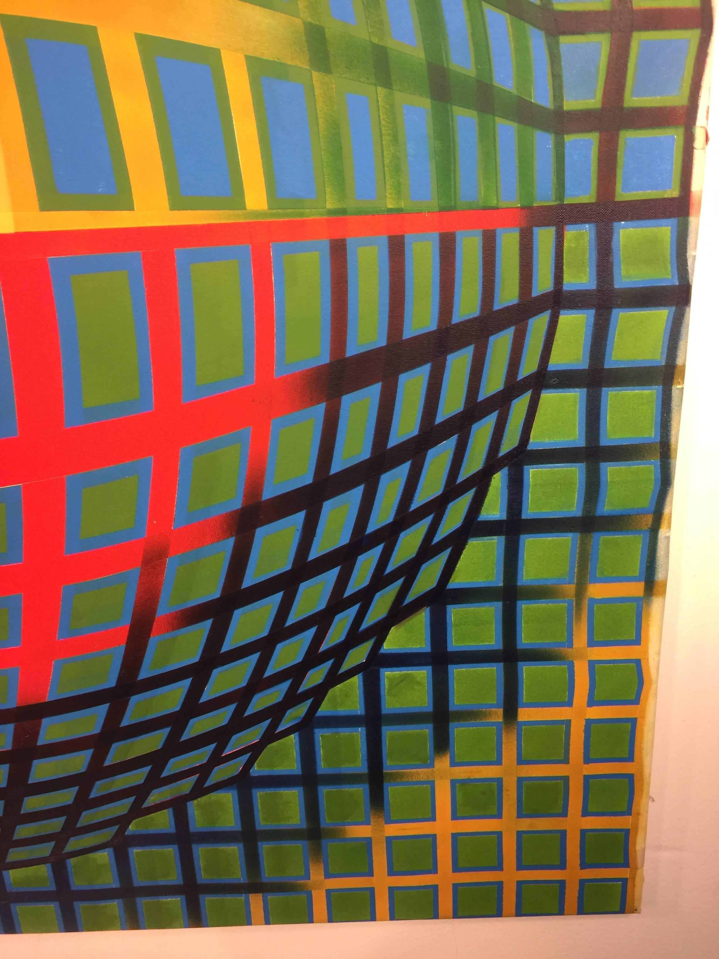 20th Century Fantastic Op Art Painting with Bright Colors in the Manner of Victor Vasarely For Sale