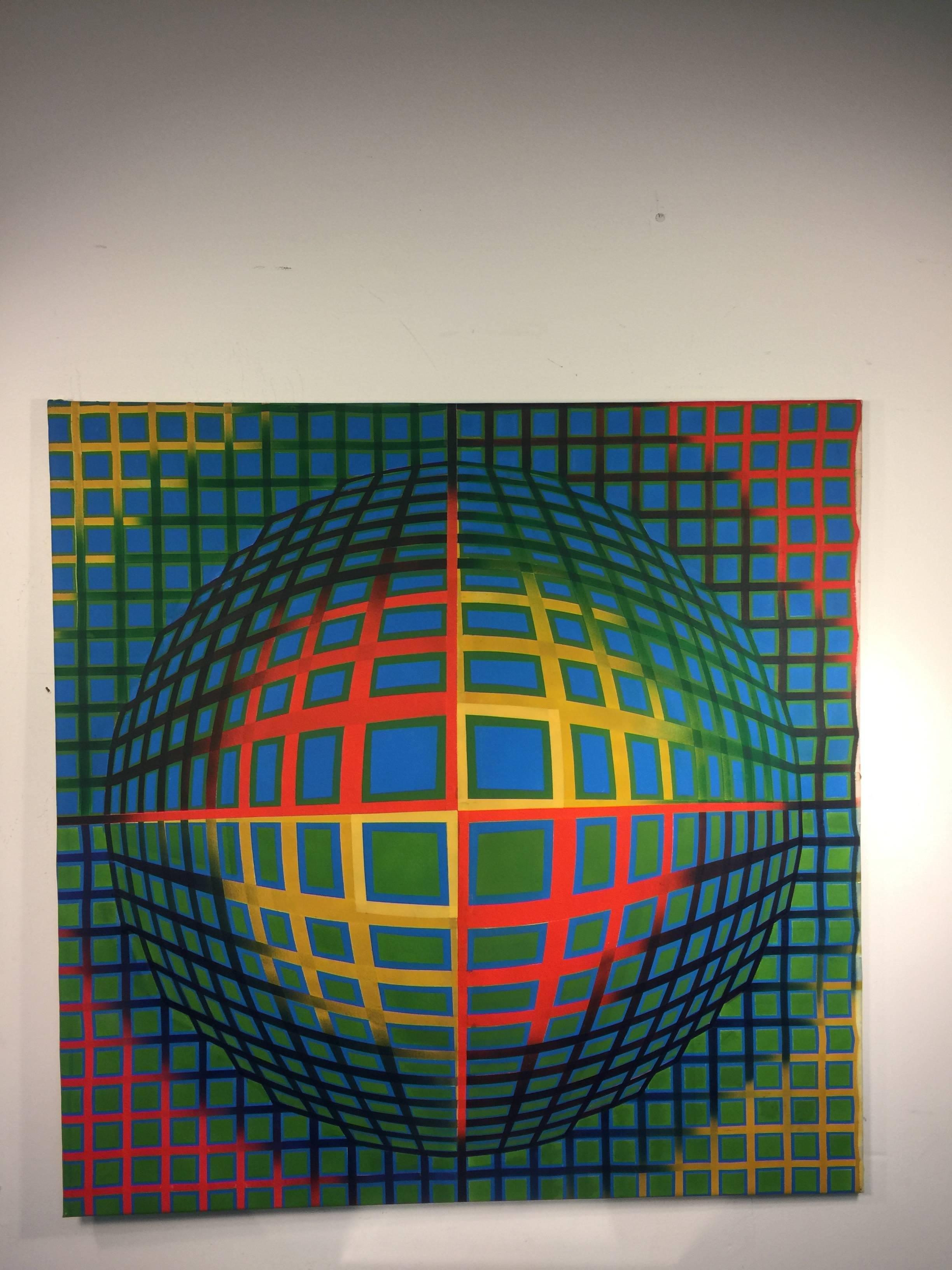 Modern Fantastic Op Art Painting with Bright Colors in the Manner of Victor Vasarely For Sale