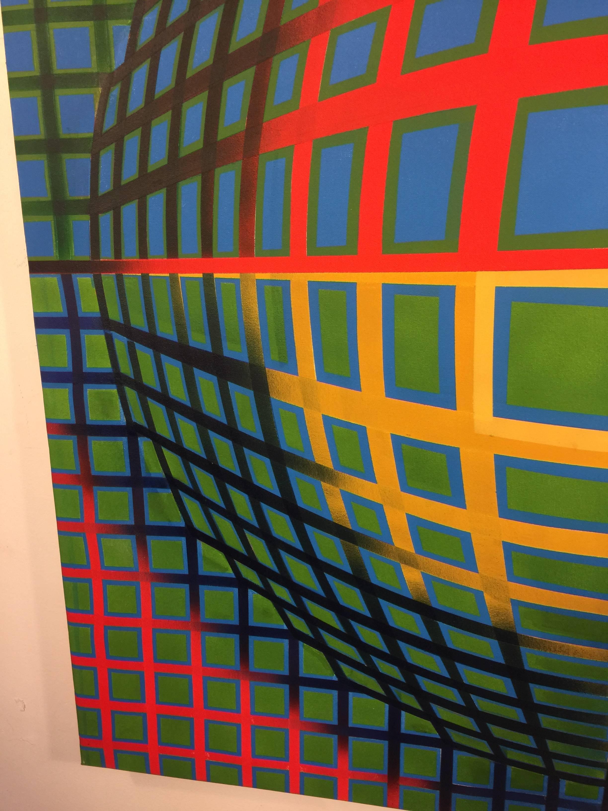 Fantastic Op Art Painting with Bright Colors in the Manner of Victor Vasarely For Sale 1