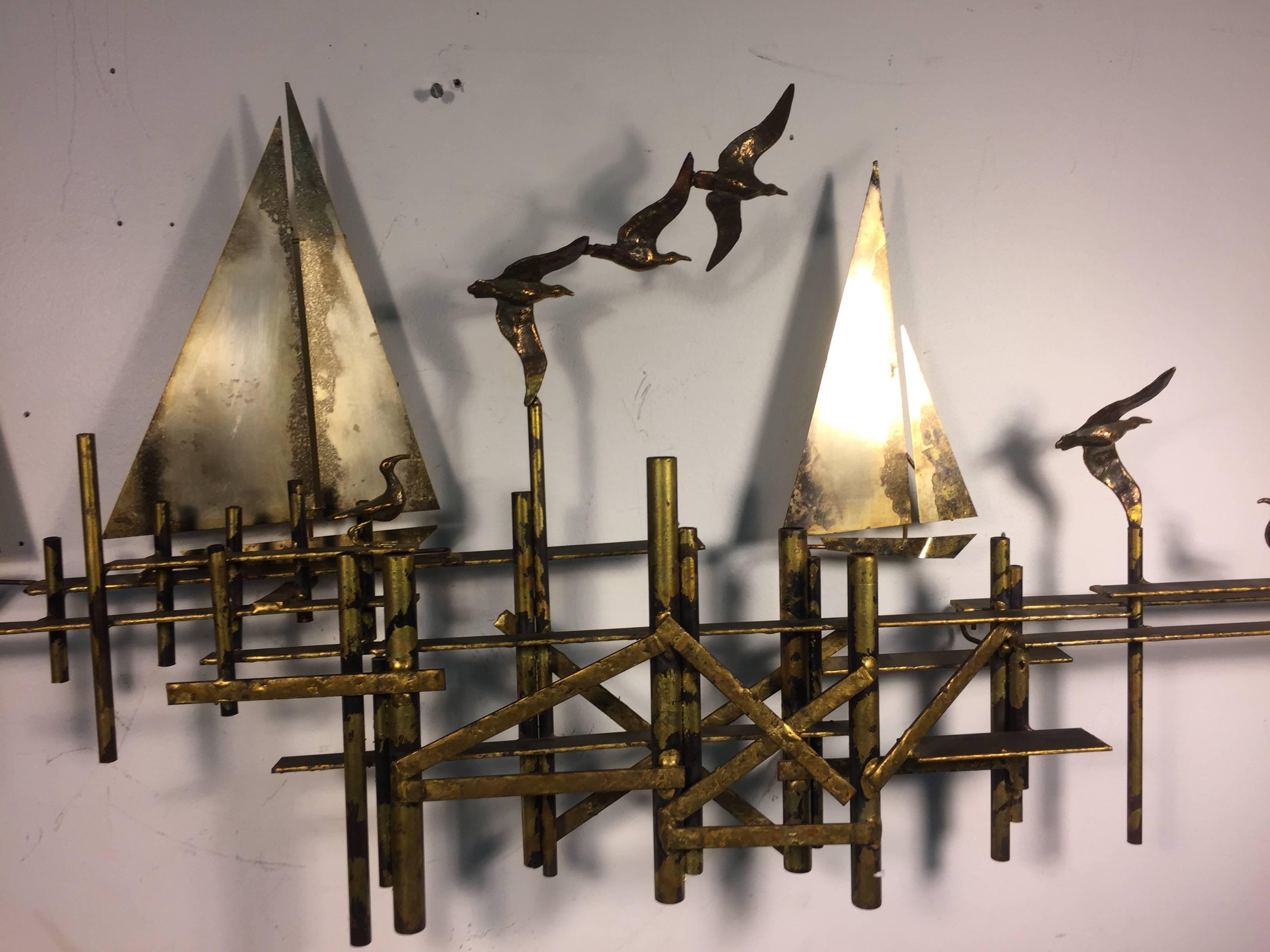 Fantastic Brutalist Curtis Jere Wall Sculpture of Sailboats and Birds In Good Condition For Sale In Mount Penn, PA