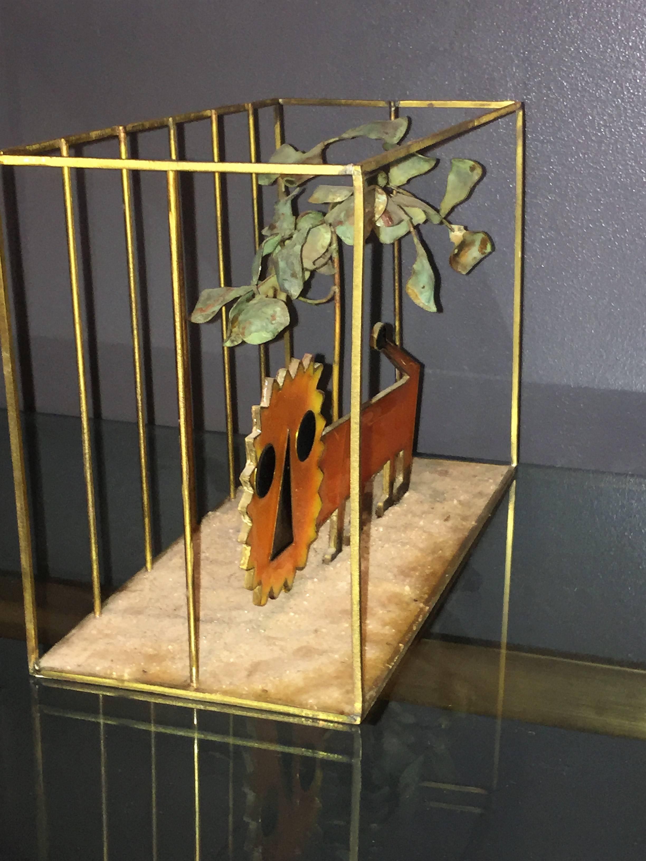 American Animated Curtis Jere Modernist Pop Orange Resin Lion in Brass Cage Sculpture For Sale