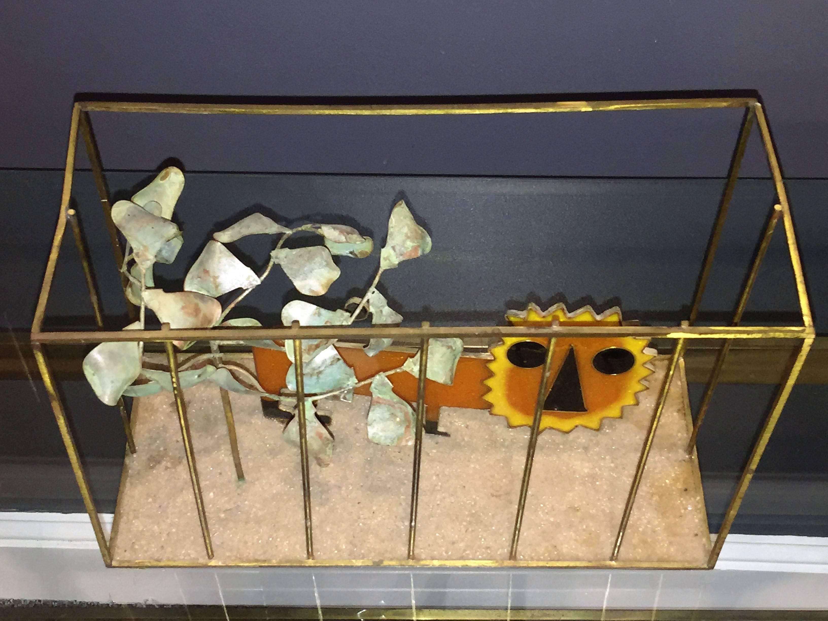 Animated Curtis Jere Modernist Pop Orange Resin Lion in Brass Cage Sculpture In Excellent Condition For Sale In Mount Penn, PA