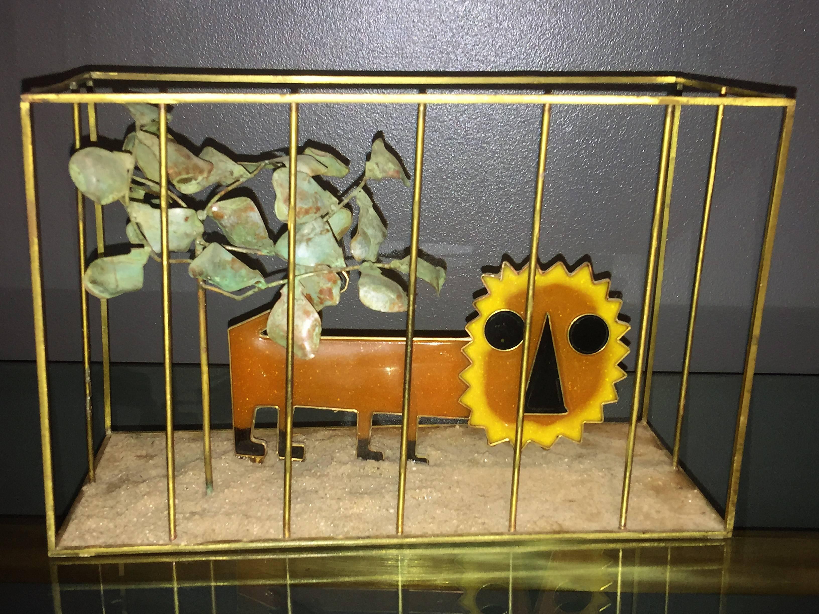Animated Curtis Jere Modernist Pop Orange Resin Lion in Brass Cage Sculpture For Sale 3
