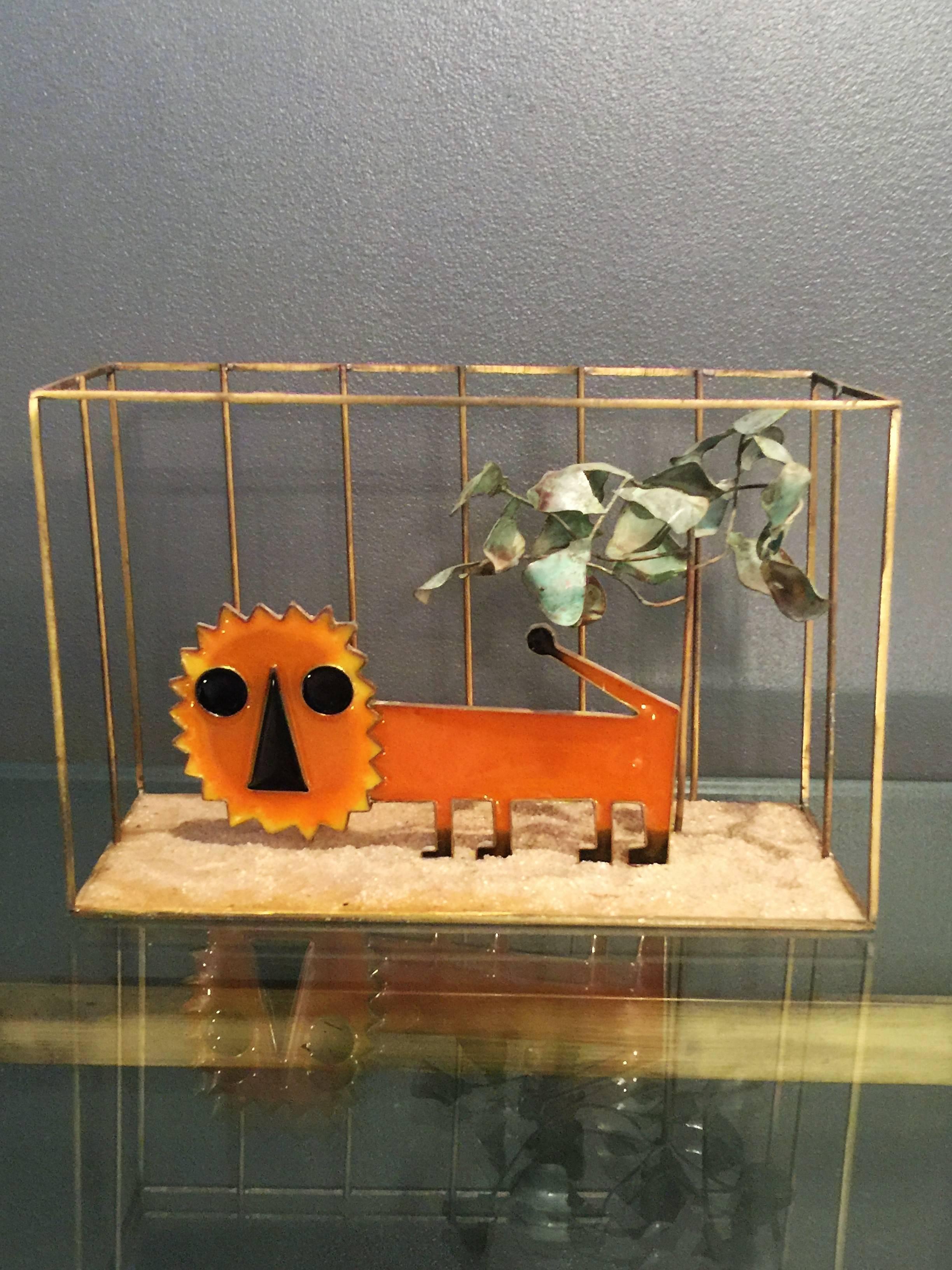 Animated Curtis Jere Modernist Pop Orange Resin Lion in Brass Cage Sculpture For Sale 4