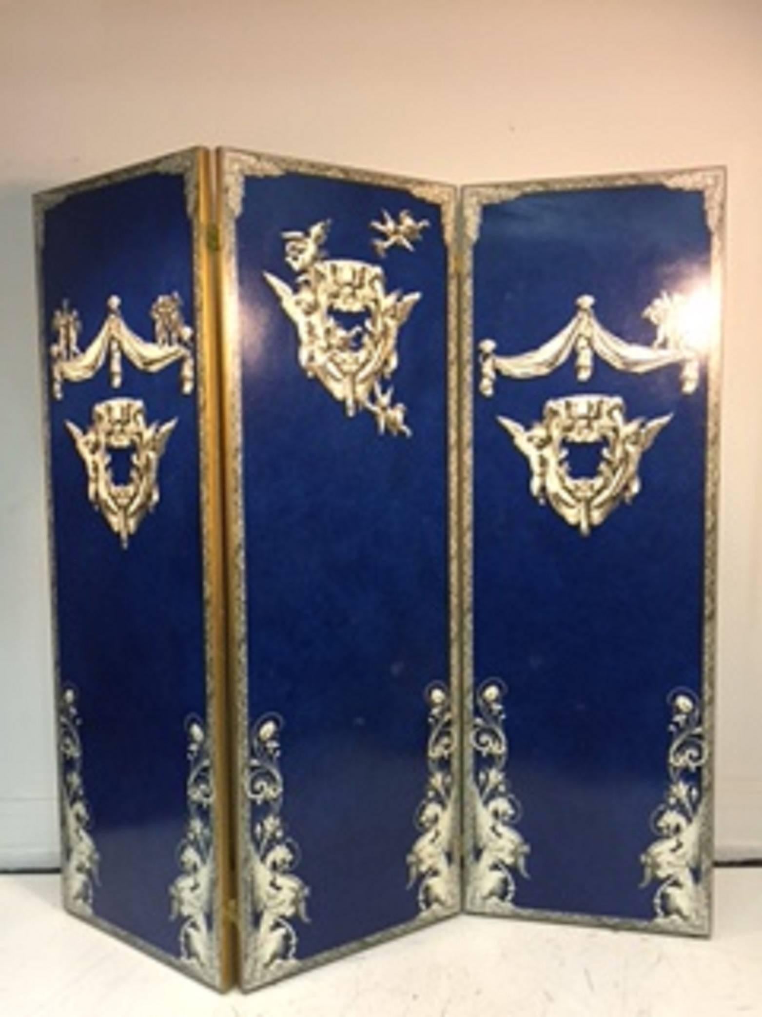 Mid-Century Modern Exquisite Cobalt Blue Three-Panel Decoupage Screen in the Manner of Fornasetti For Sale