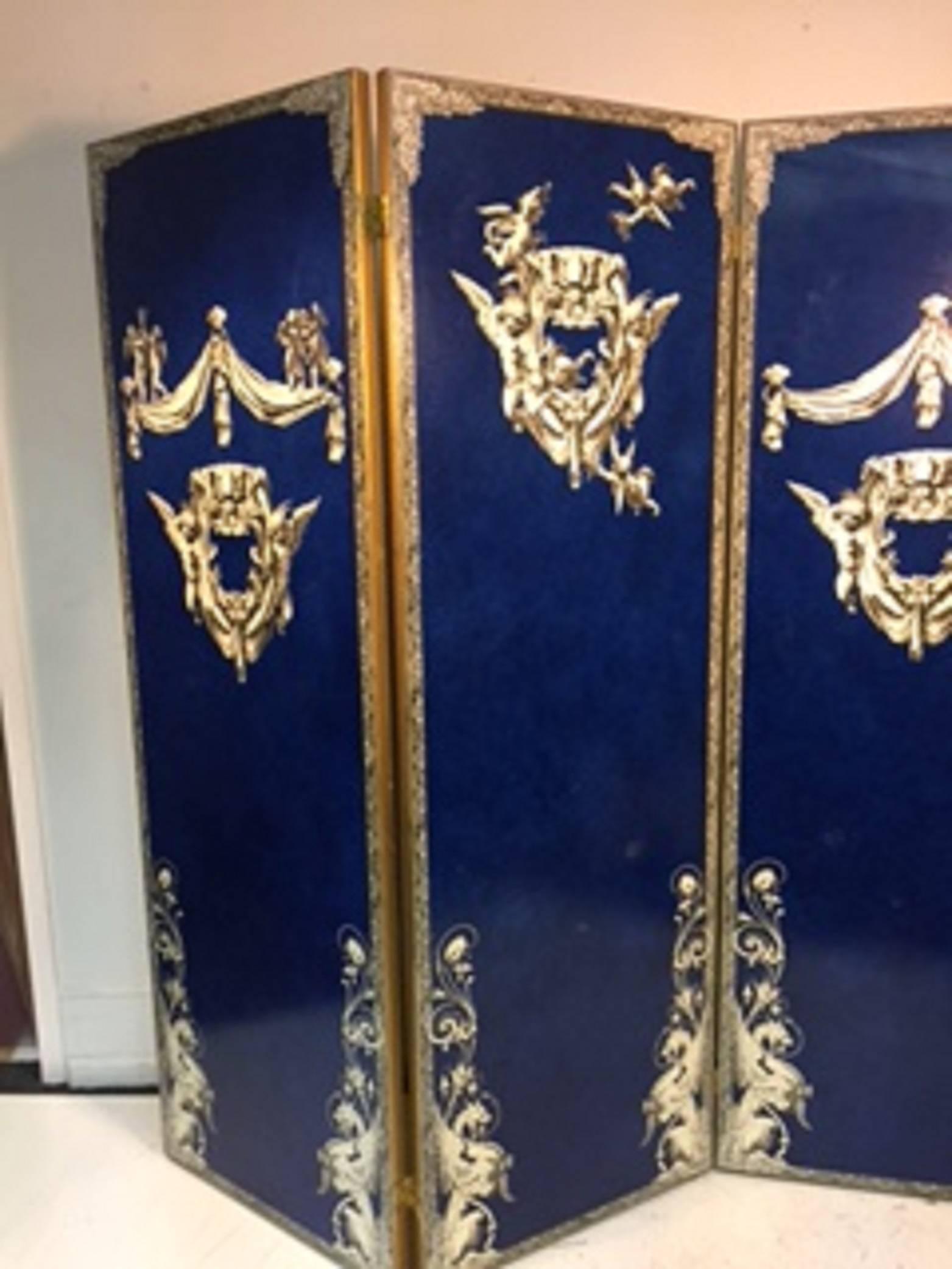 Italian Exquisite Cobalt Blue Three-Panel Decoupage Screen in the Manner of Fornasetti For Sale