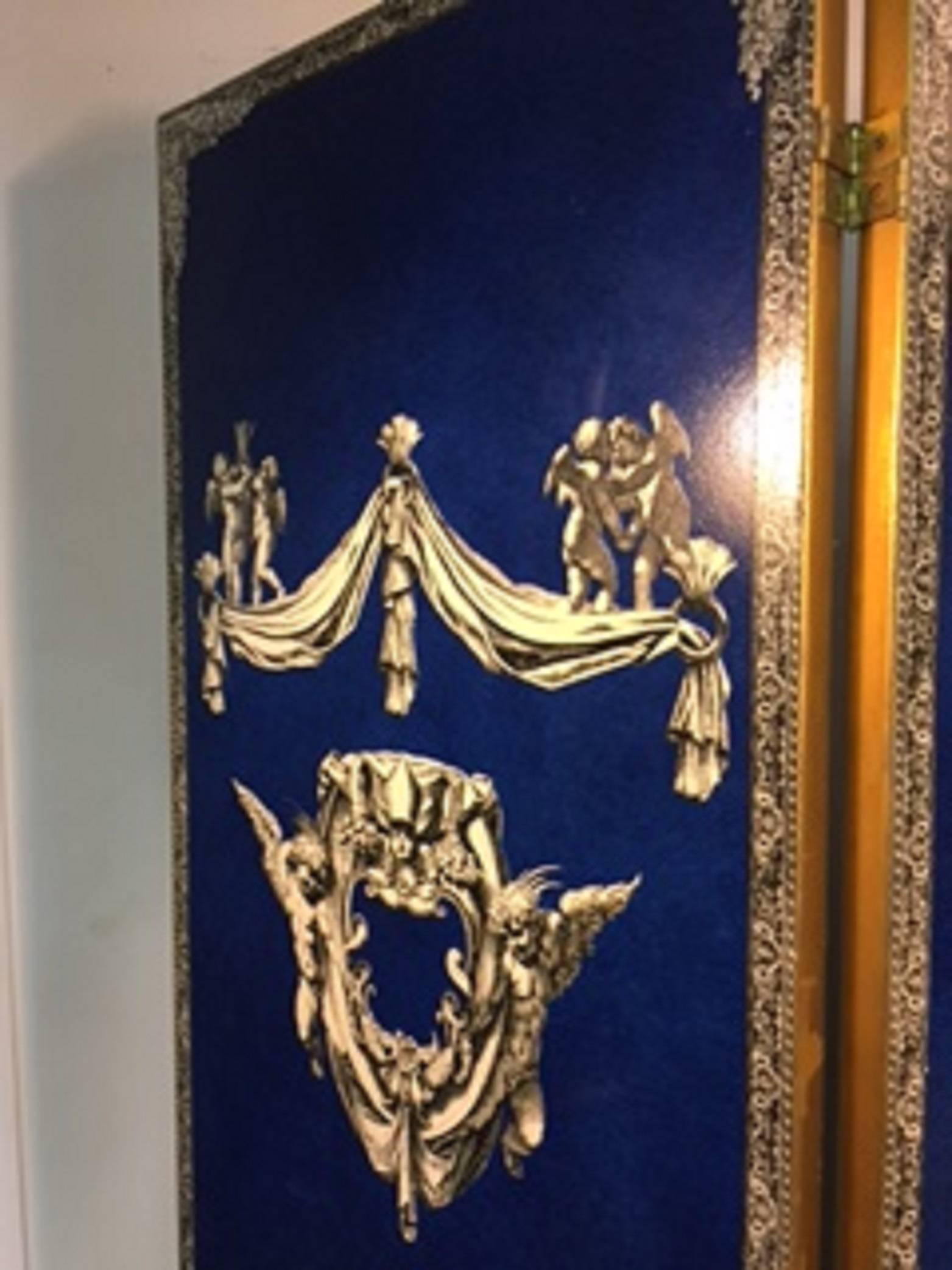 Exquisite Cobalt Blue Three-Panel Decoupage Screen in the Manner of Fornasetti In Good Condition For Sale In Mount Penn, PA