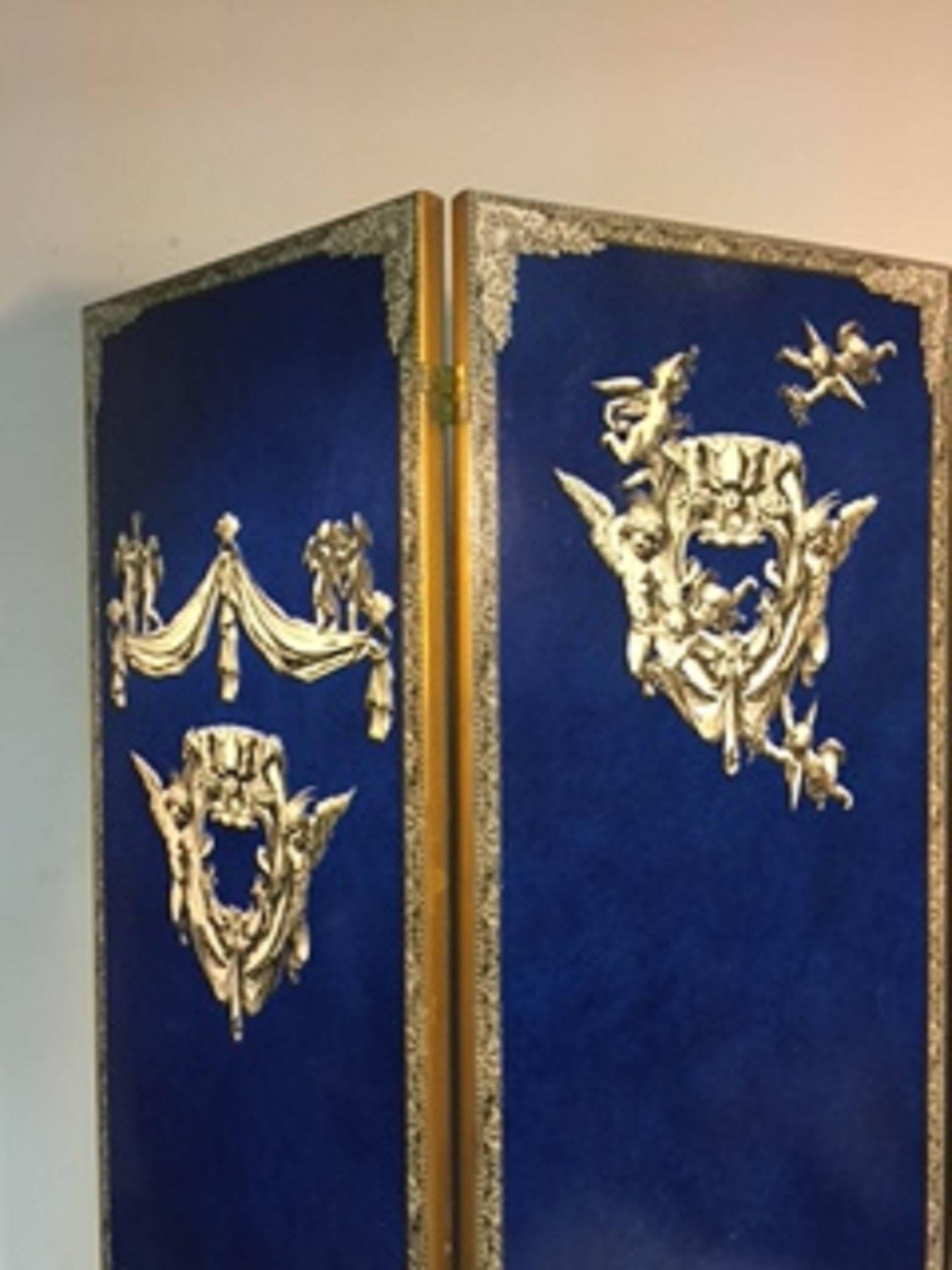 20th Century Exquisite Cobalt Blue Three-Panel Decoupage Screen in the Manner of Fornasetti For Sale