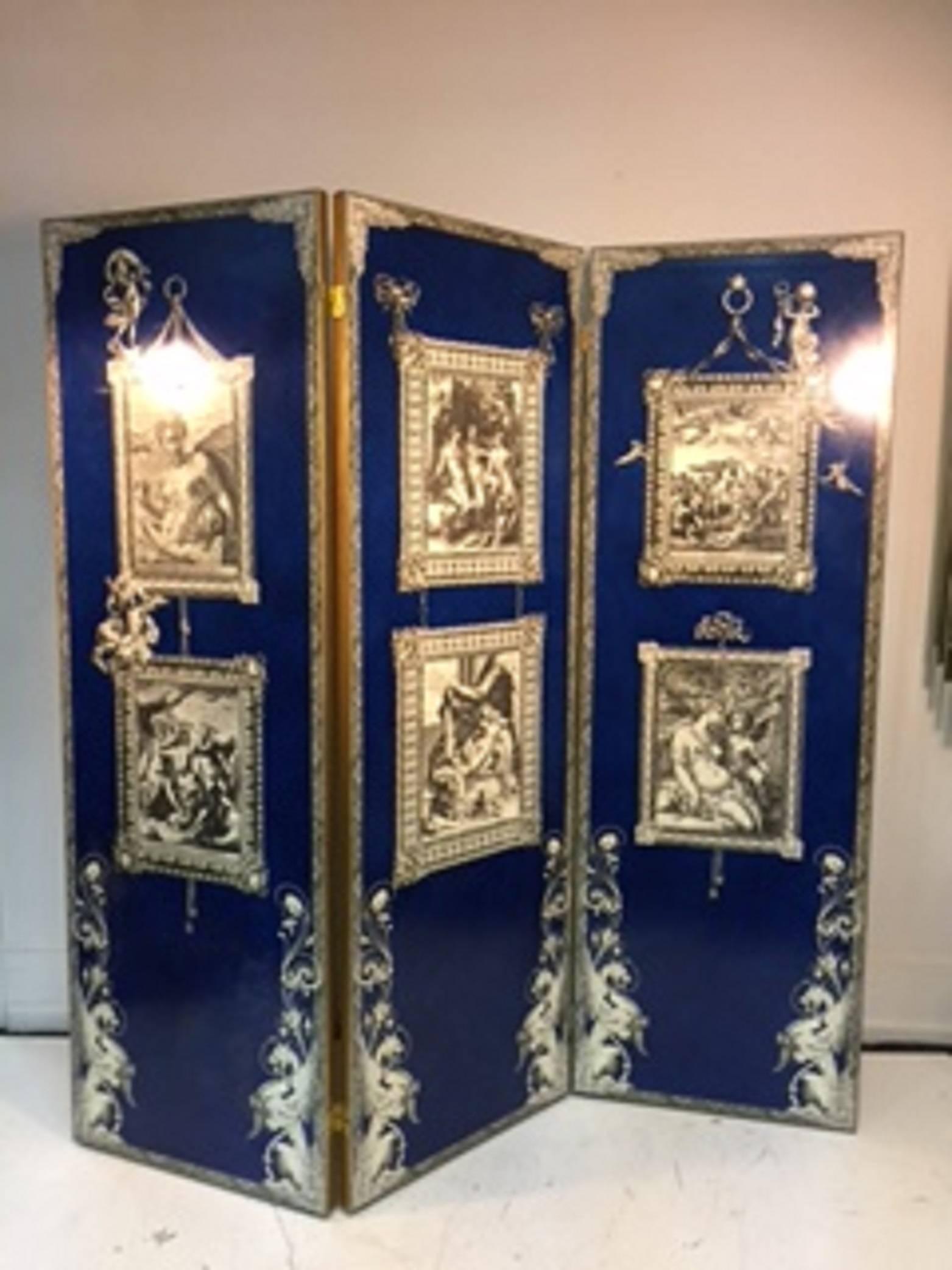 Wood Exquisite Cobalt Blue Three-Panel Decoupage Screen in the Manner of Fornasetti For Sale