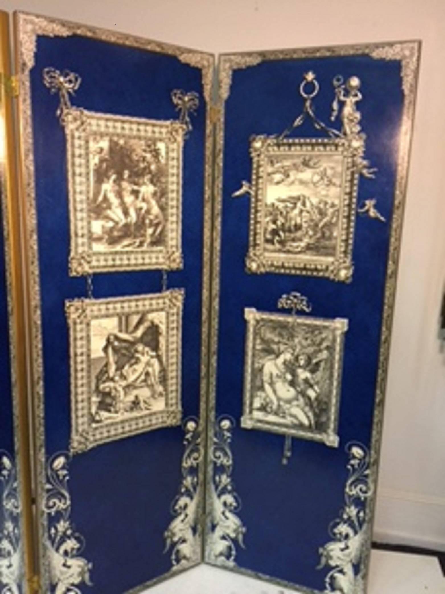 Exquisite Cobalt Blue Three-Panel Decoupage Screen in the Manner of Fornasetti For Sale 1