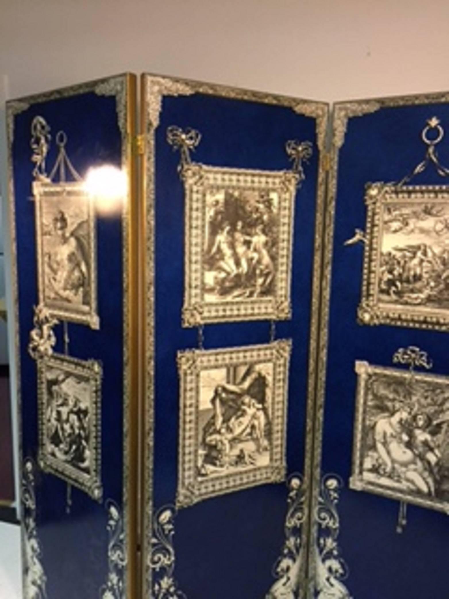 Exquisite Cobalt Blue Three-Panel Decoupage Screen in the Manner of Fornasetti For Sale 3