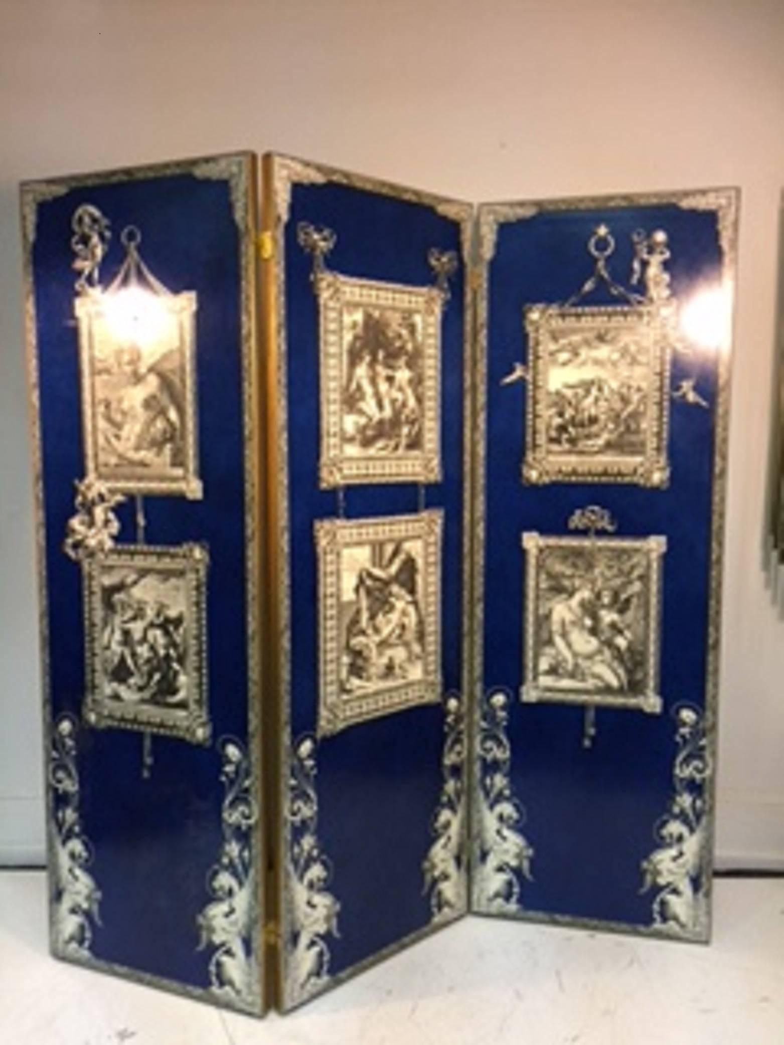 Exquisite Cobalt Blue Three-Panel Decoupage Screen in the Manner of Fornasetti For Sale 2