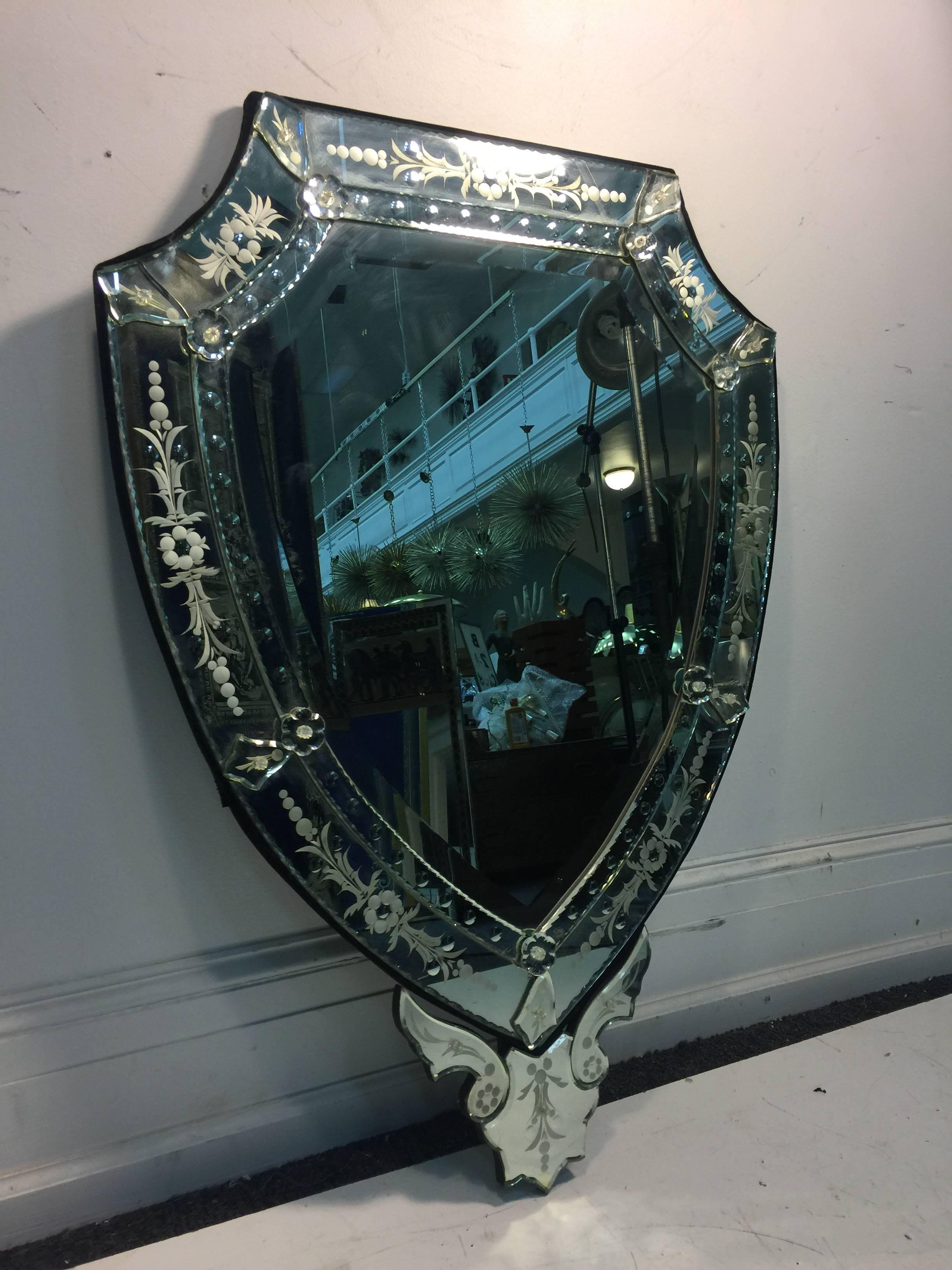 Glass Striking Venetian Shield Design Etched Wall Mirror For Sale