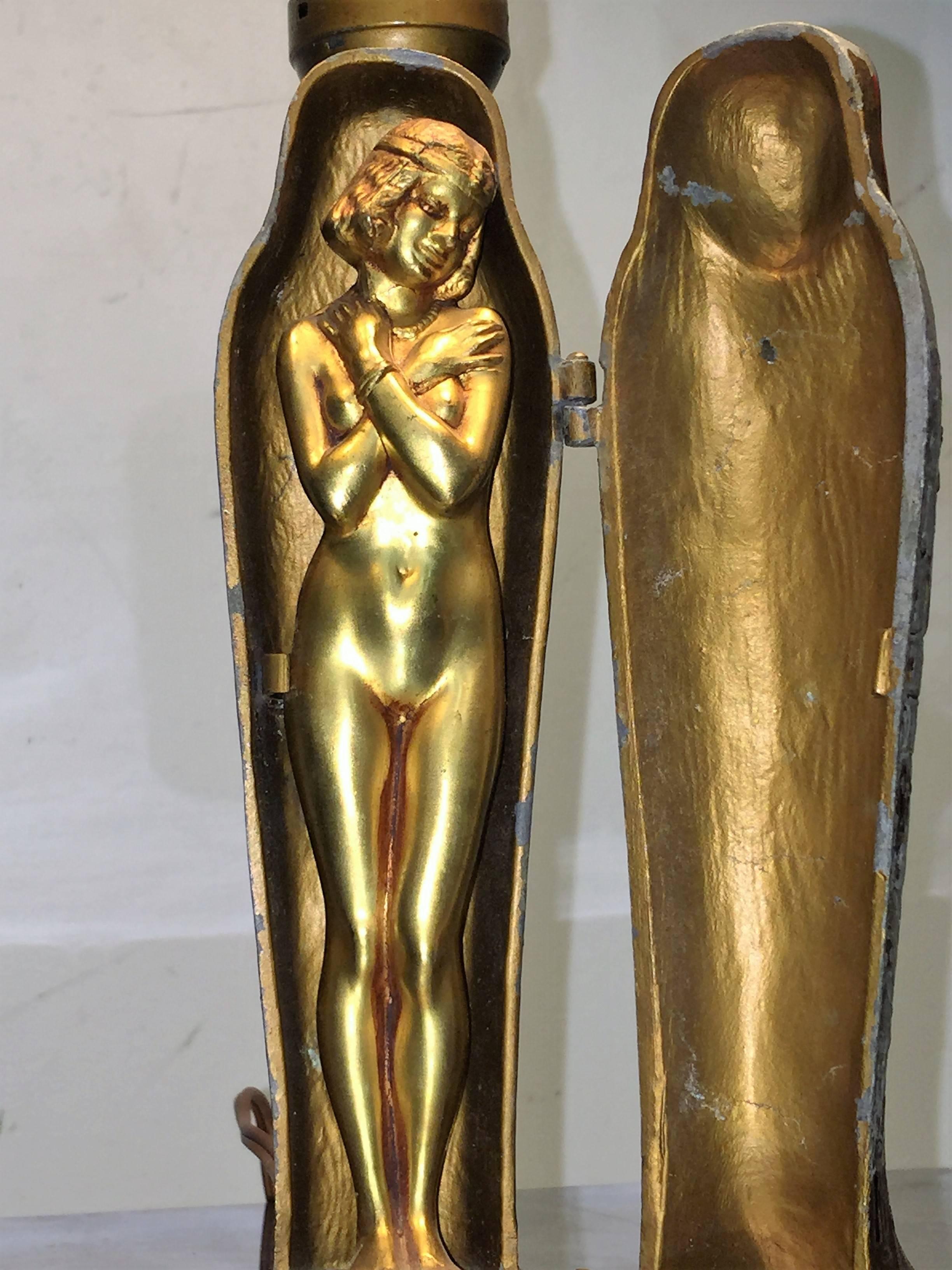 Interesting Art Deco Naughty Nude Egyptian Sarcophagus Lamp In Fair Condition For Sale In Mount Penn, PA