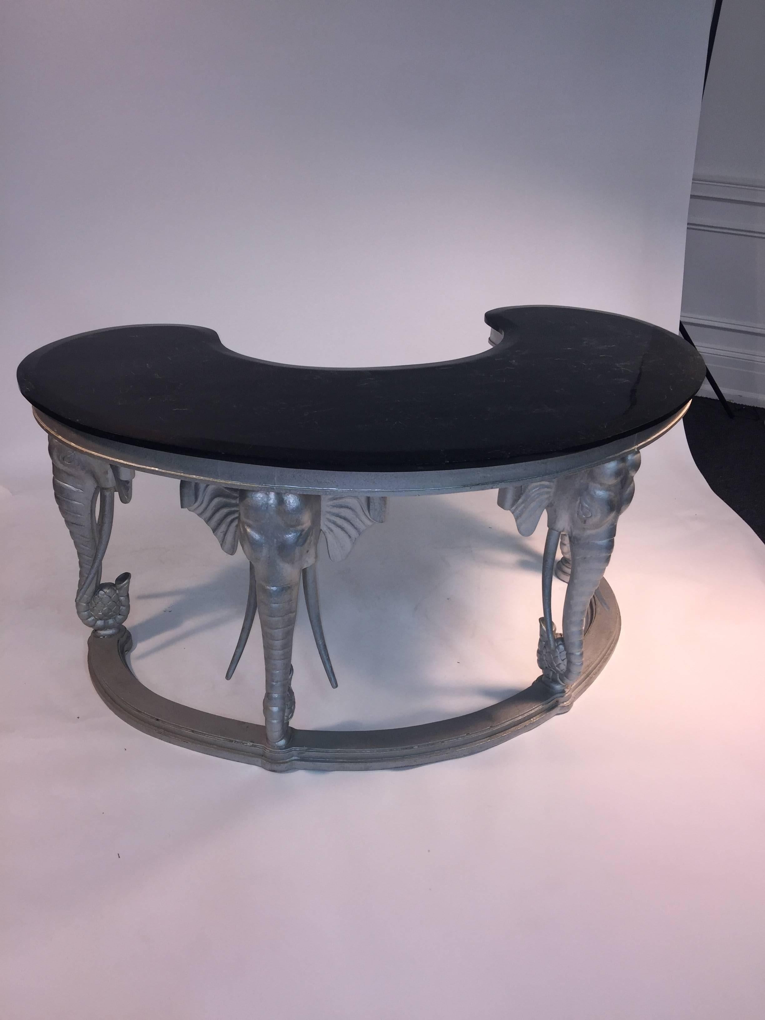American Stunning Silvered Carved Elephant Head and Black Tessellated Marble Console For Sale