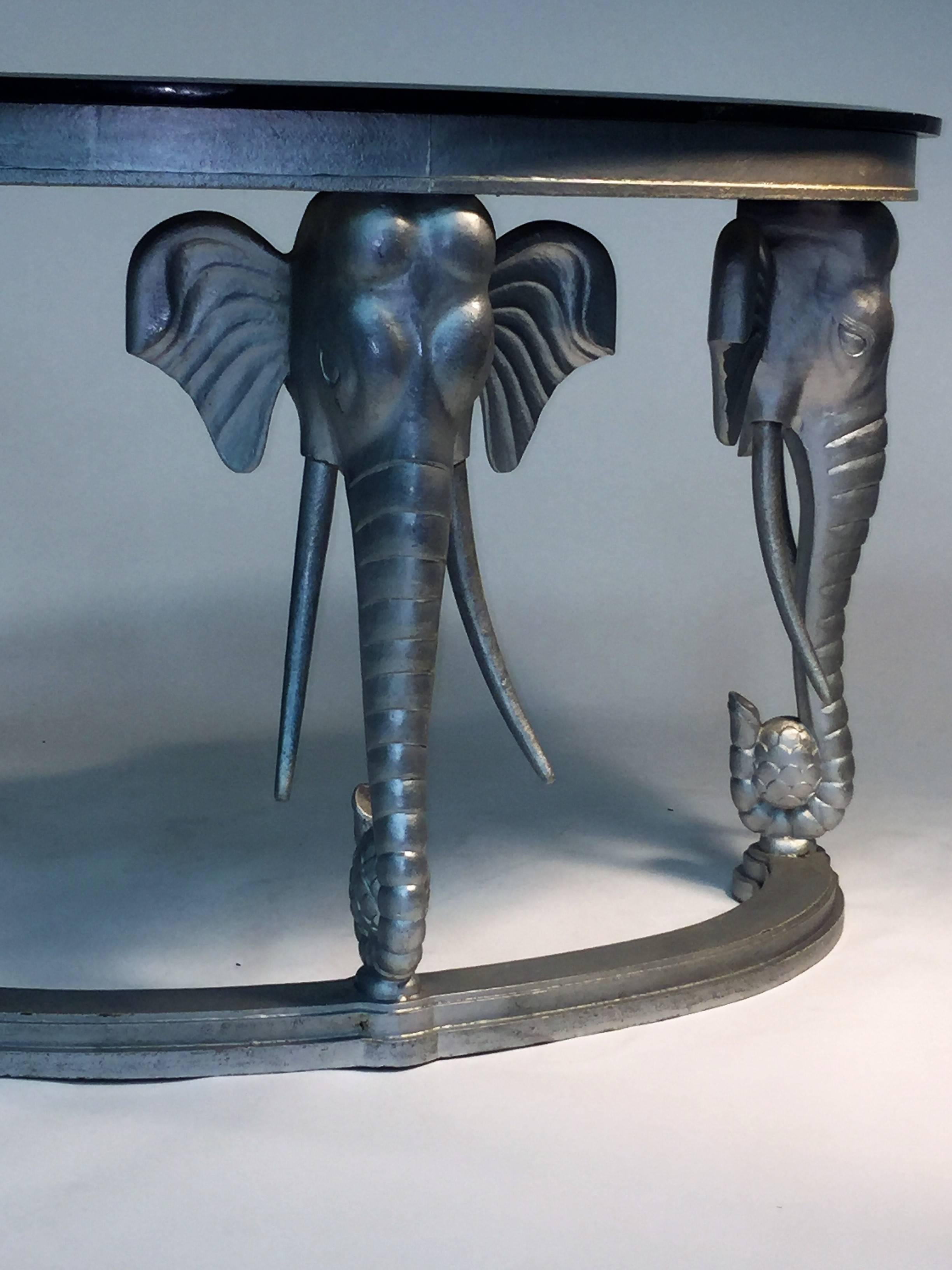 Modern Stunning Silvered Carved Elephant Head and Black Tessellated Marble Console For Sale