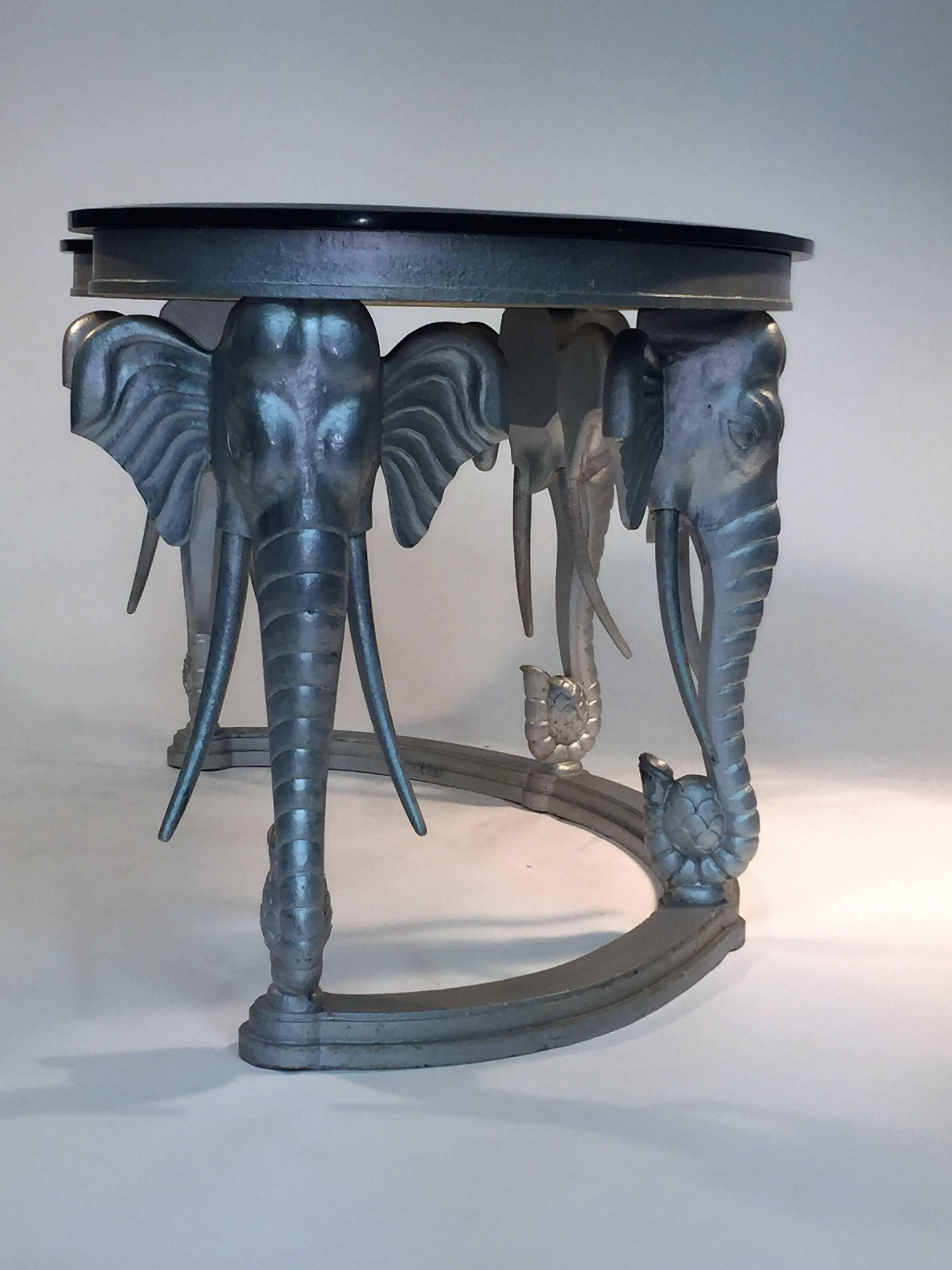 Late 20th Century Stunning Silvered Carved Elephant Head and Black Tessellated Marble Console For Sale