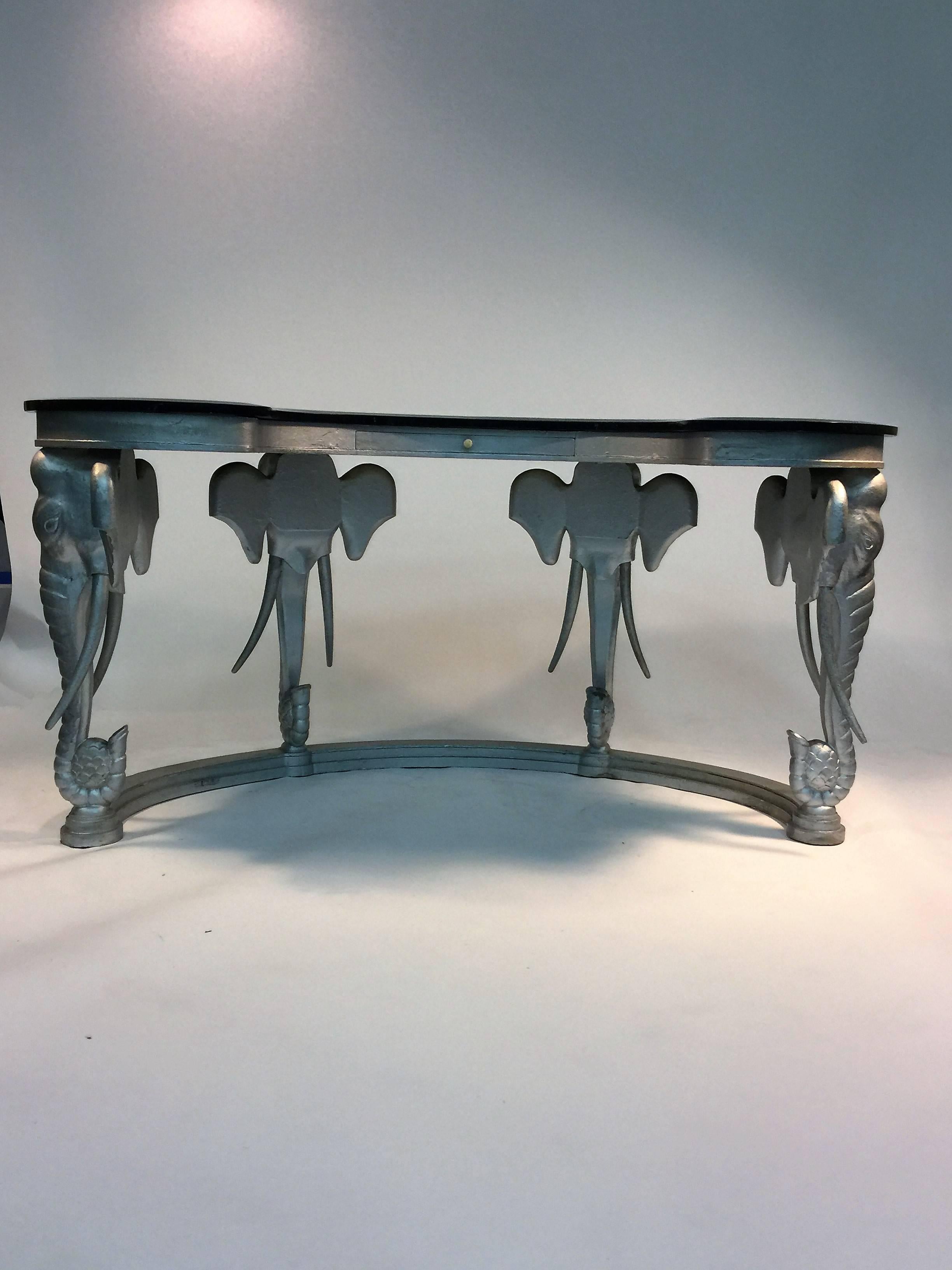 Stunning Silvered Carved Elephant Head and Black Tessellated Marble Console For Sale 1