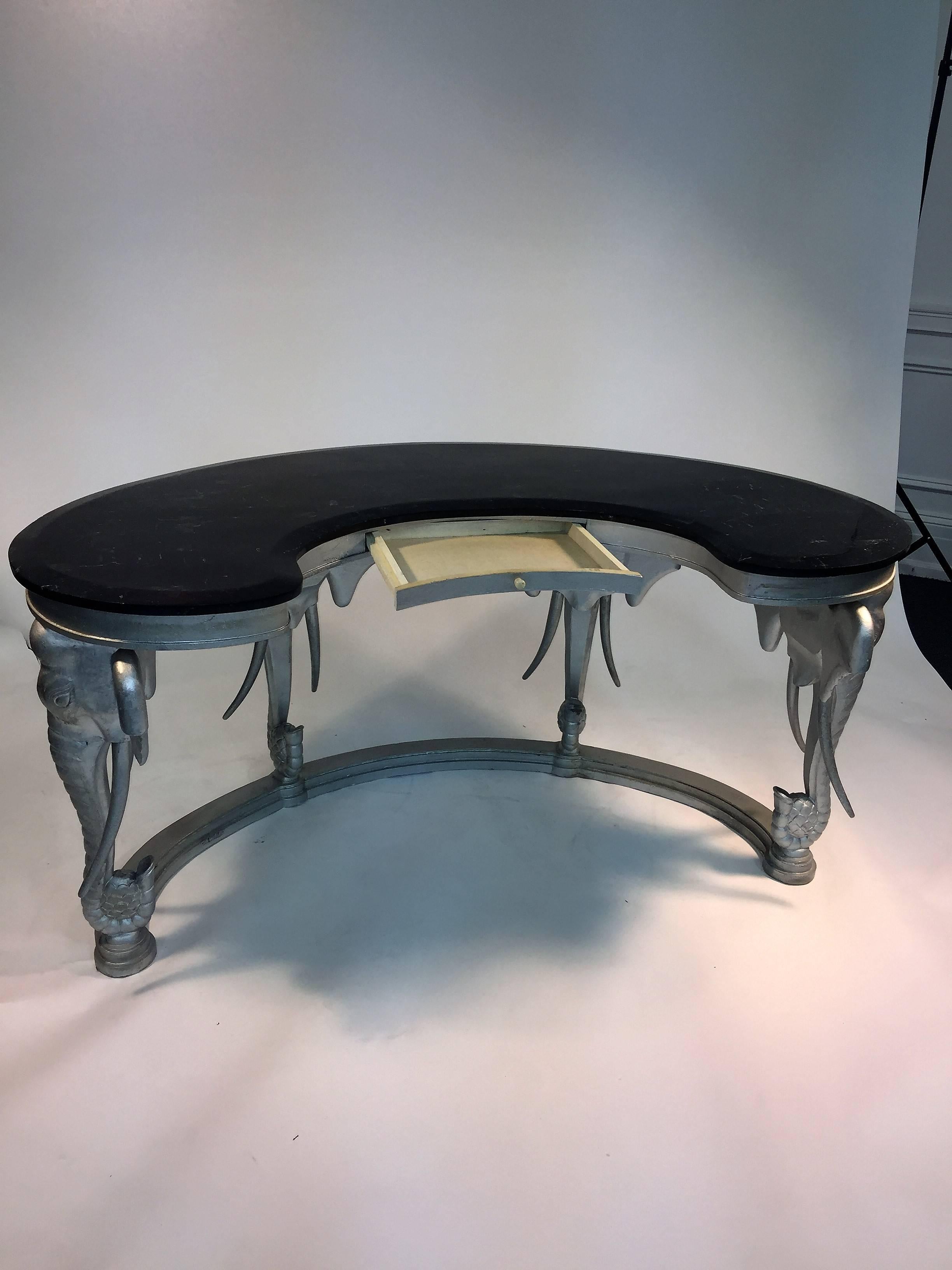Stunning Silvered Carved Elephant Head and Black Tessellated Marble Console For Sale 2